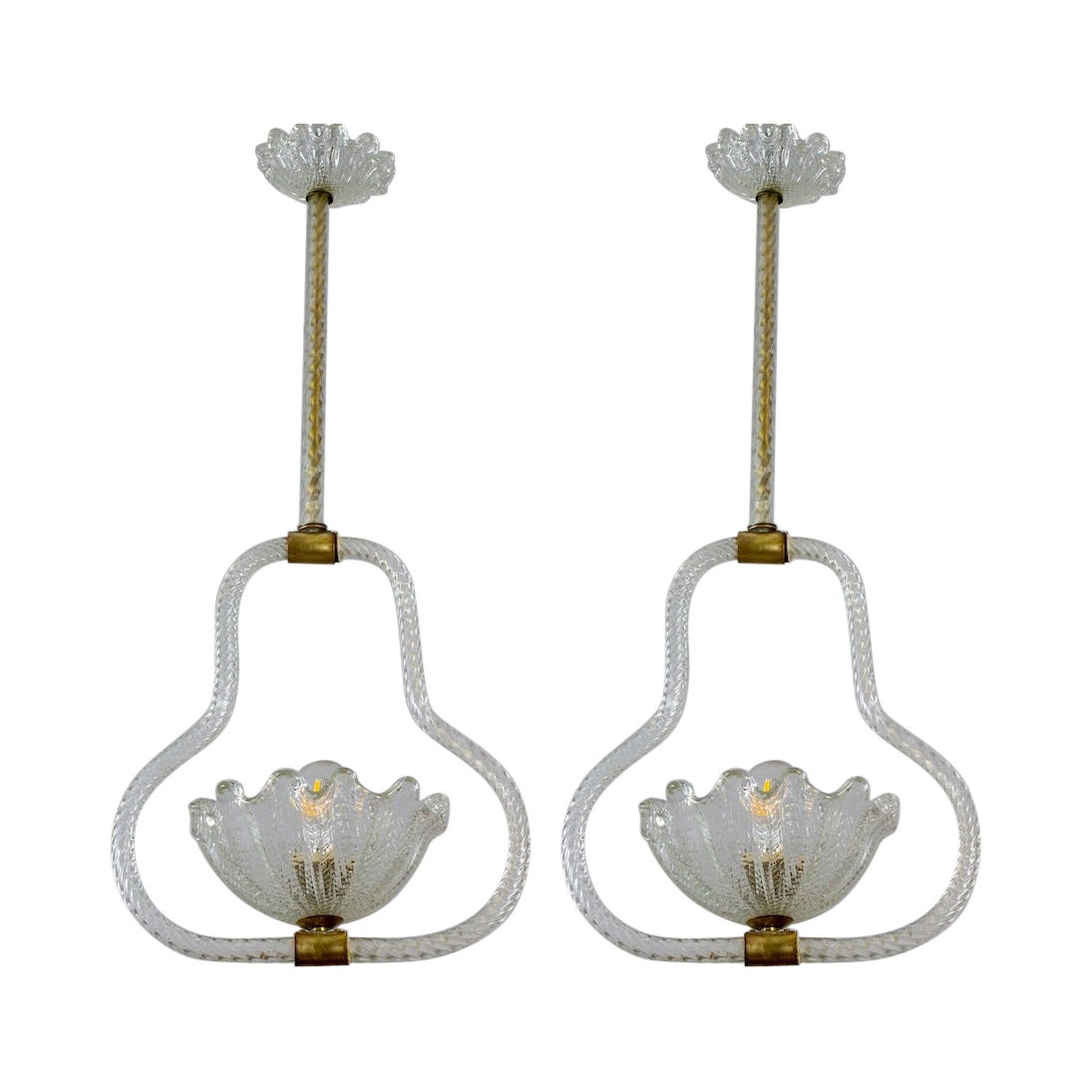 Pair of Art Deco Murano Glass and Brass Pendants or Lanterns by Barovier