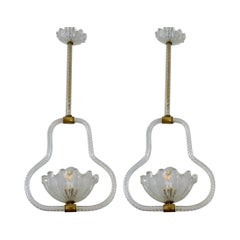 Pair of Art Deco Murano Glass and Brass Pendants or Lanterns by Barovier