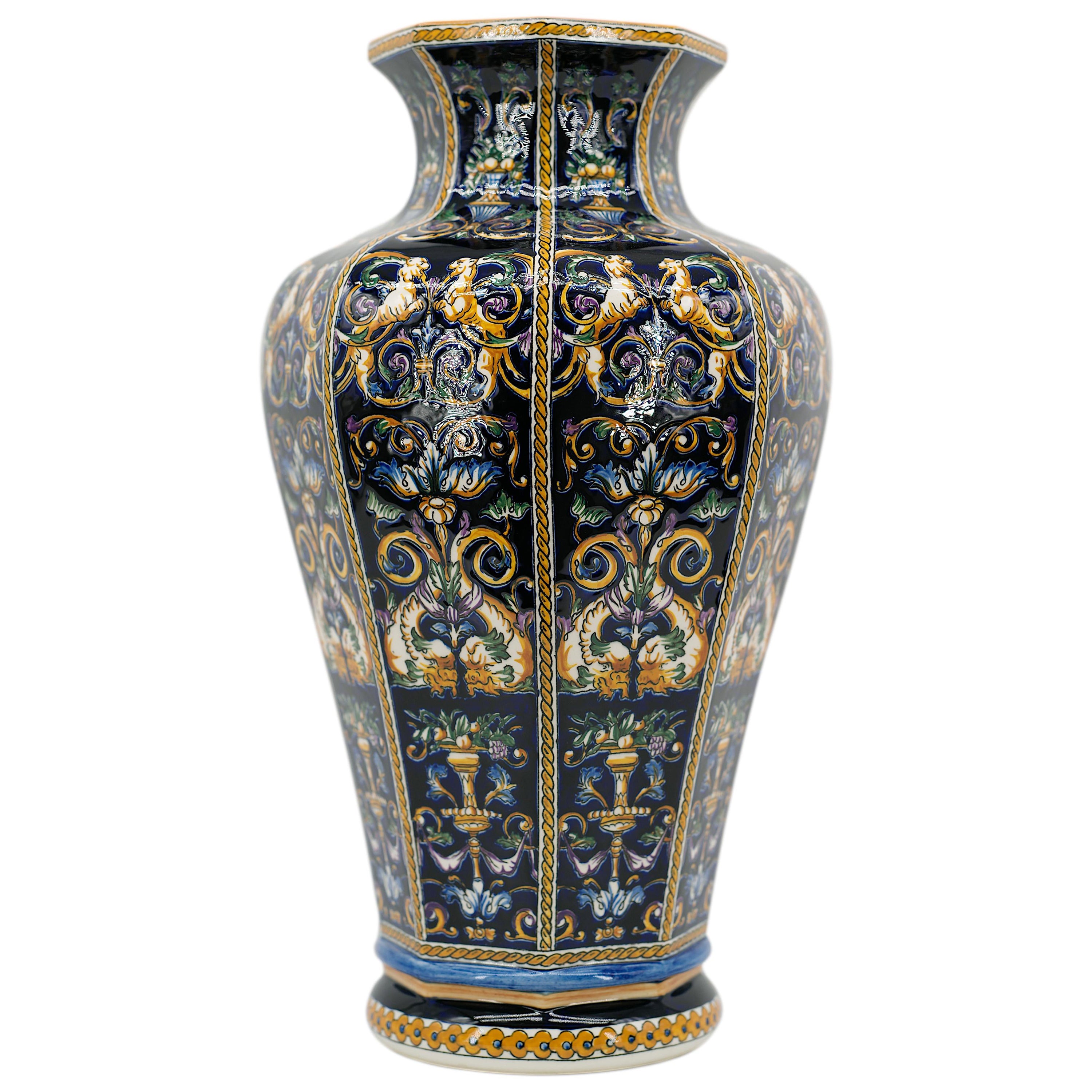 GIEN French Baluster Vase with Renaissance Majolica Decor, 1970s For Sale