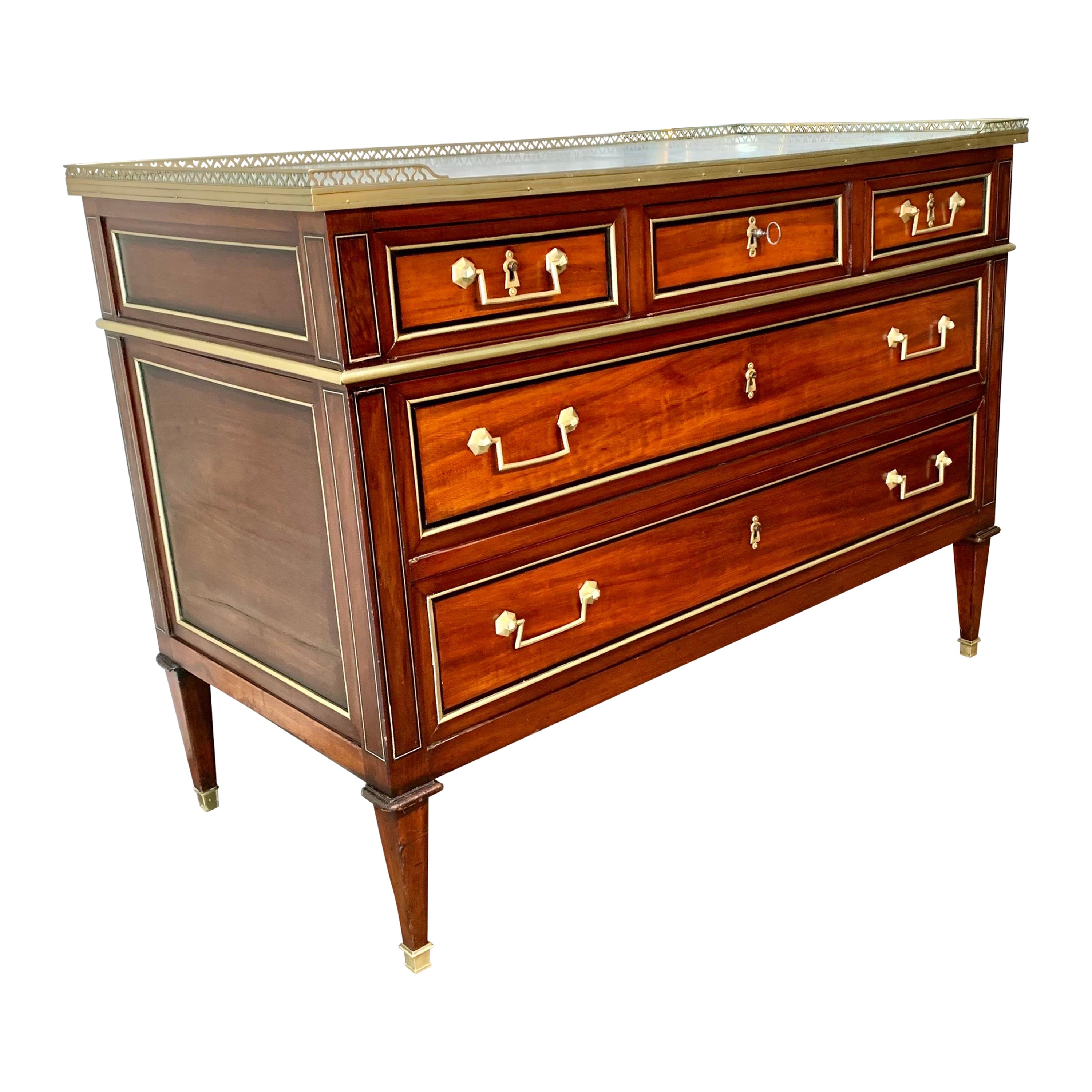 19th Century French Louis XVI Mahogany, Marble and Brass Commode For Sale