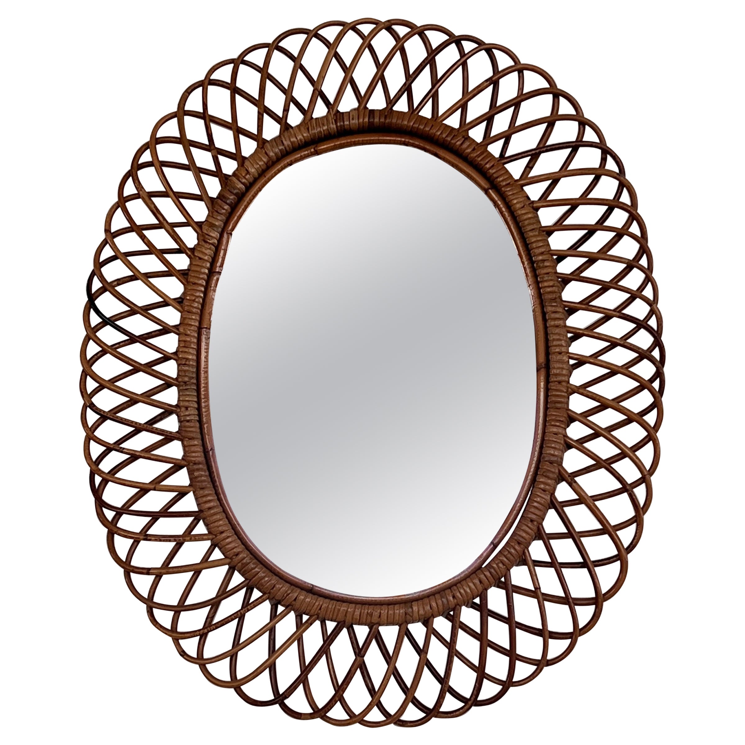 Italian Midcentury Oval Wall Mirror With Bamboo Frame Franco Albini Style, 1960s