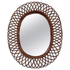 Used Italian Midcentury Oval Wall Mirror With Bamboo Frame Franco Albini Style, 1960s