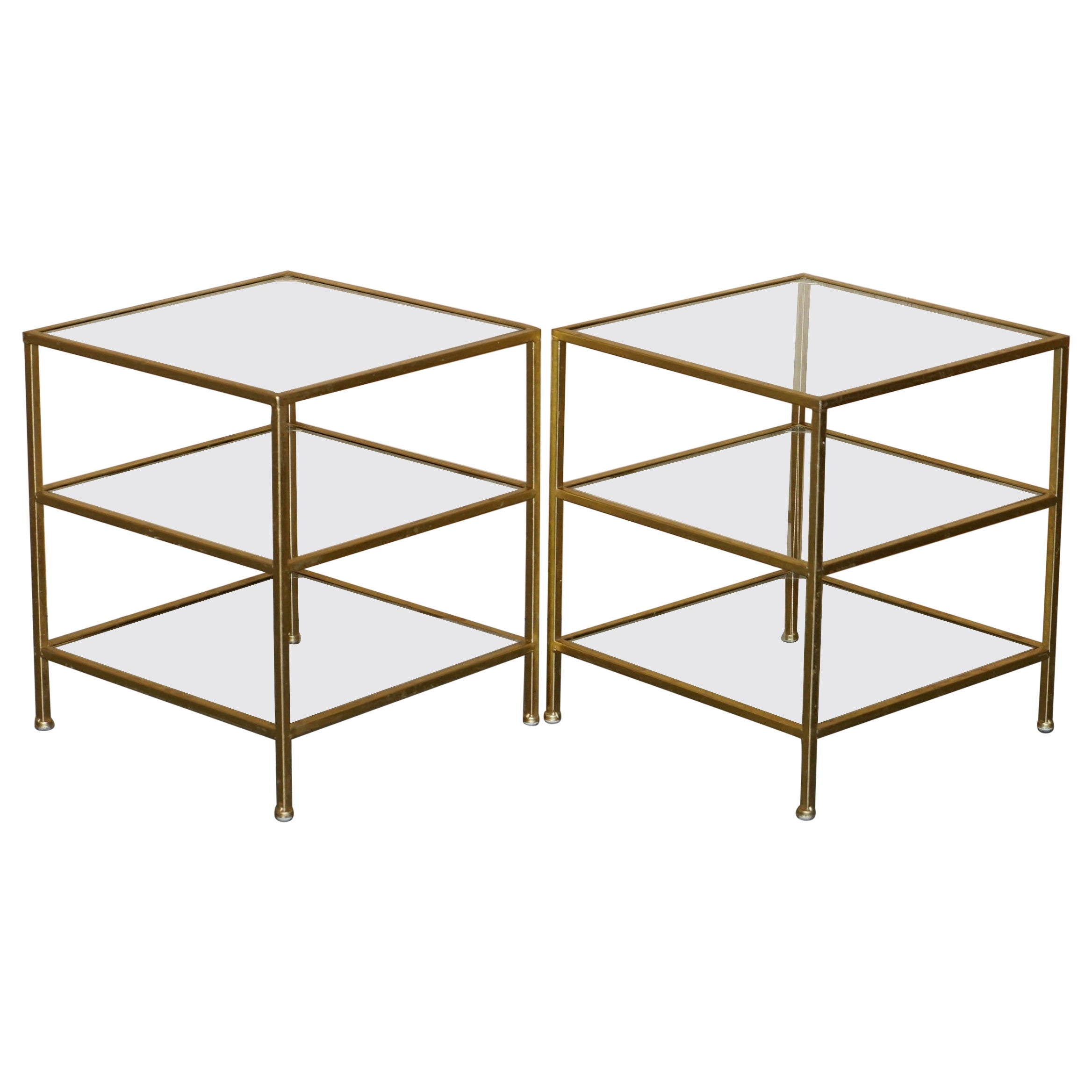 FINE PAIR OF VINTAGE GOLD LEAF PAINTED & GLASS THREE TiER ETAGERE SIDE TABLES For Sale