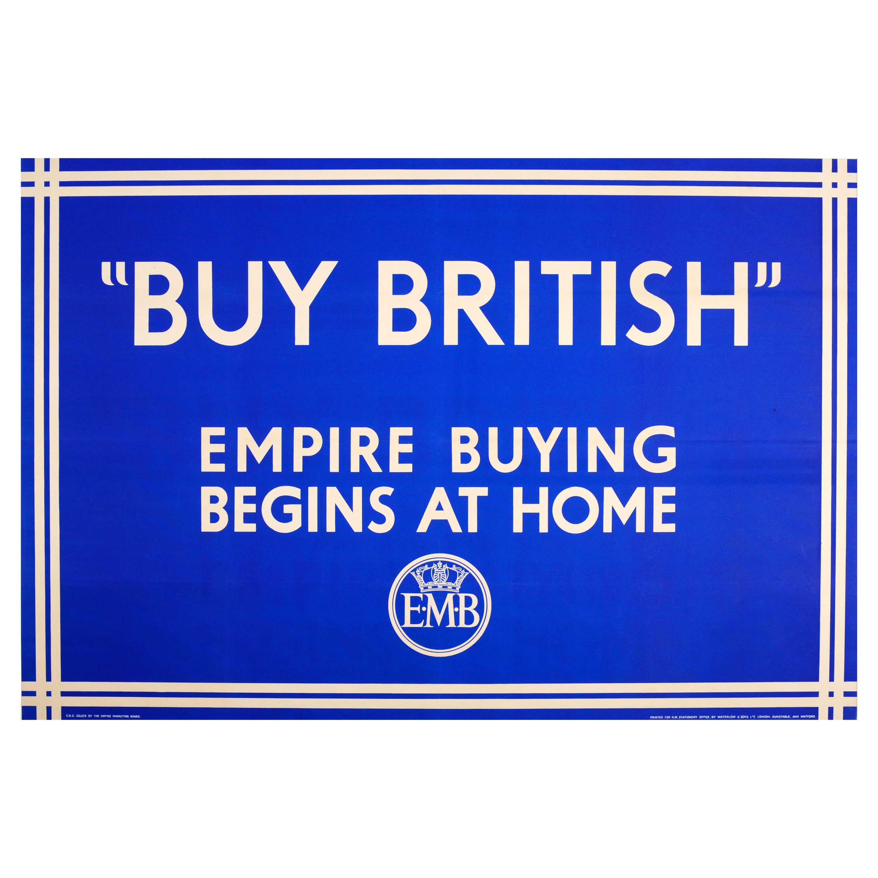 Affiche publicitaire vintage d'origine Achetez l'Empire britannique L'achat commence à chez vous EMB en vente