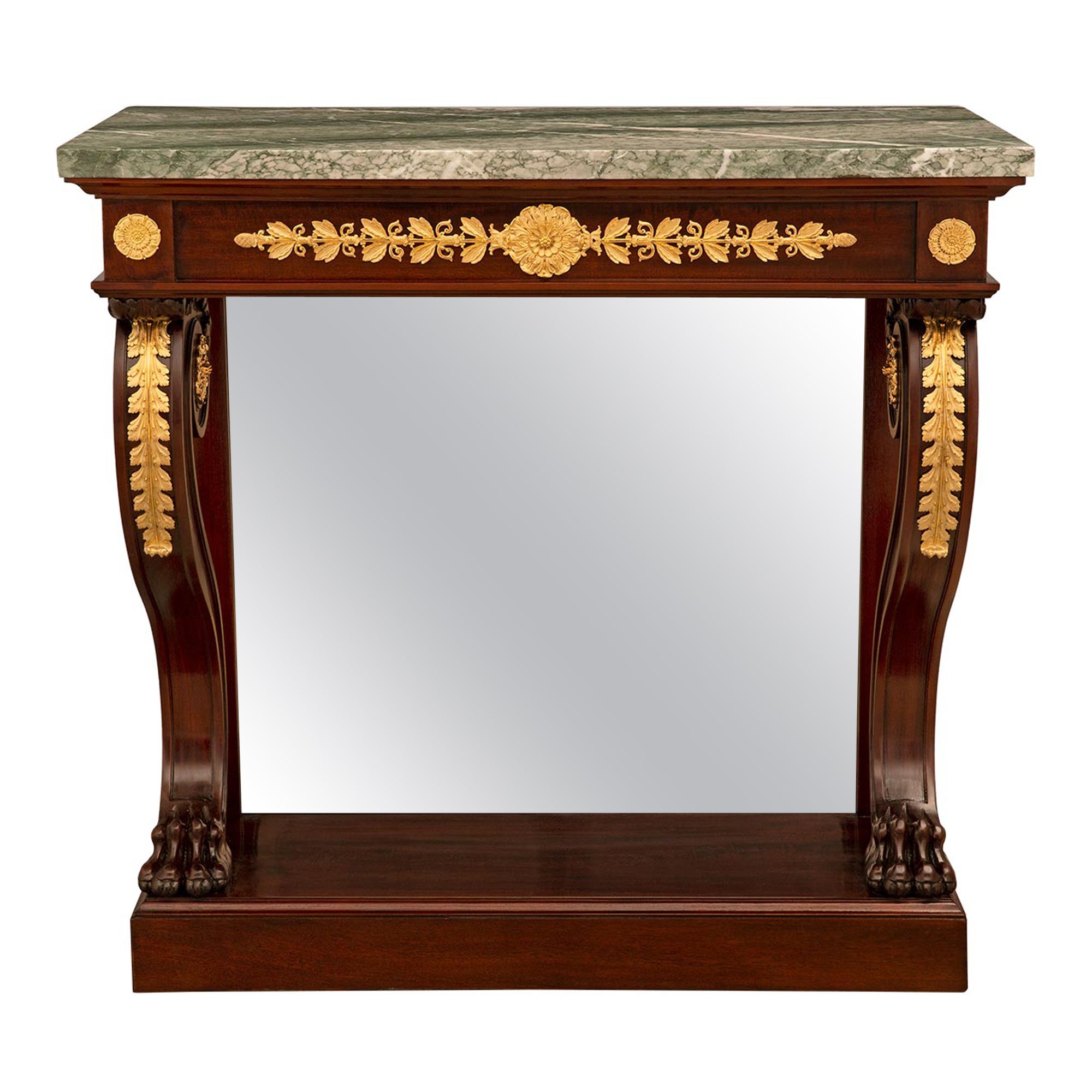 French 19th Century Empire St. Mahogany, Ormolu And Vert Campan Marble Console For Sale