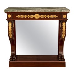 French 19th Century Empire St. Mahogany, Ormolu And Vert Campan Marble Console
