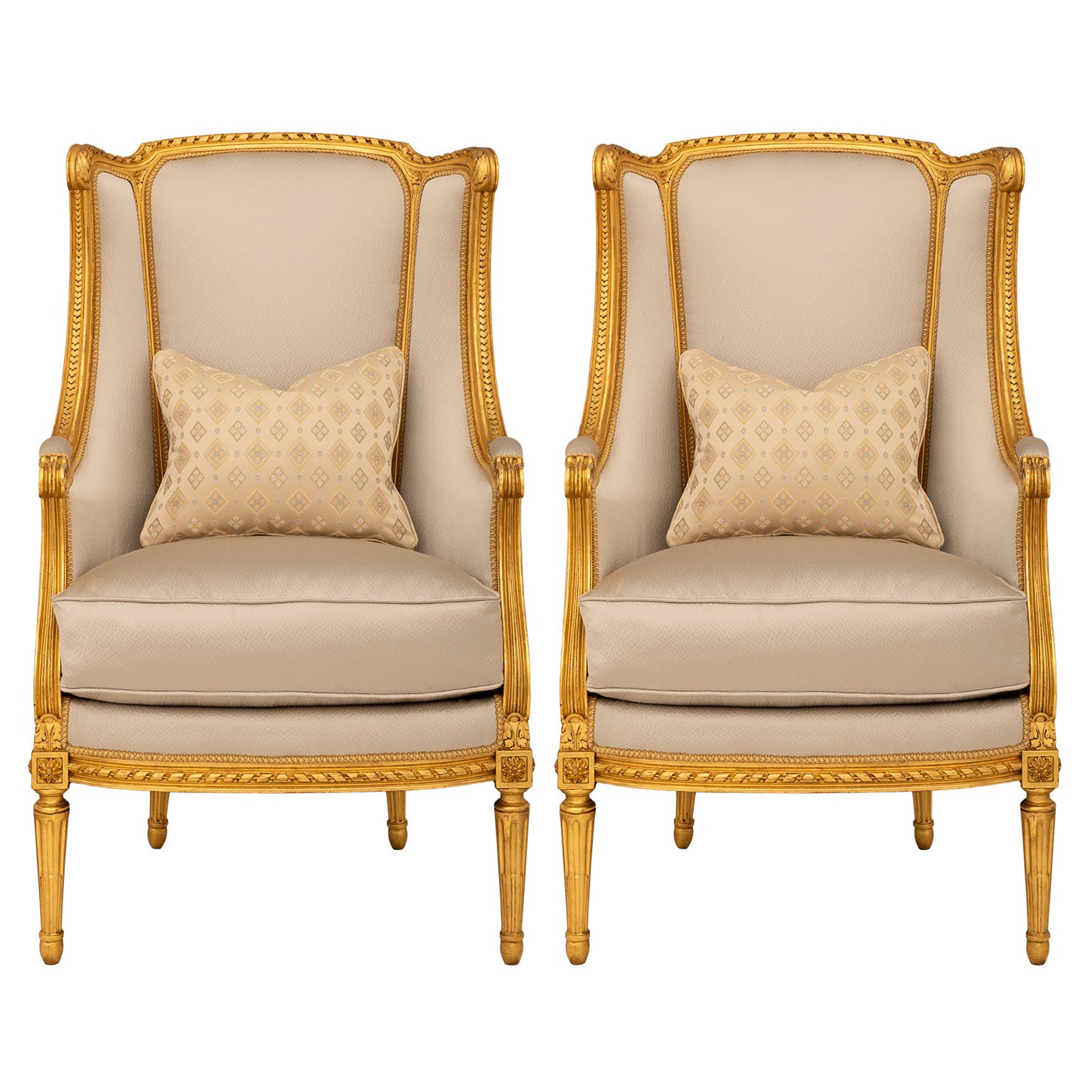 Pair Of French 19th Century Louis XVI St. Giltwood Bergère Armchairs For Sale