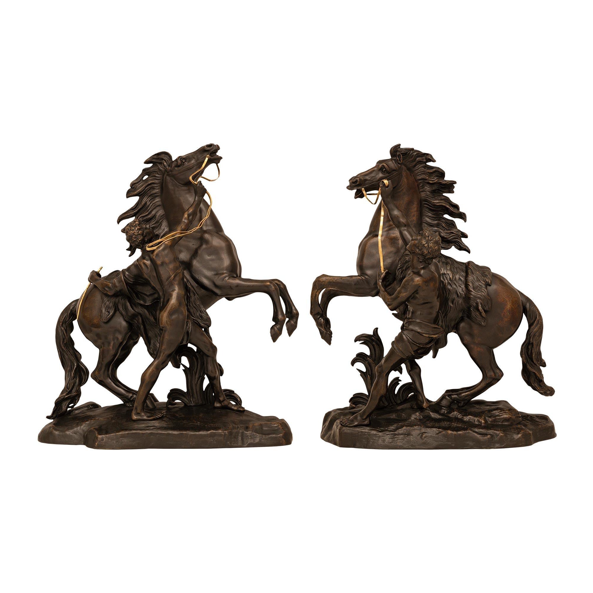 True Pair Of French 19th Century Patinated Bronze Marly Horse Statues For Sale