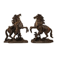 True Pair Of French 19th Century Patinated Bronze Marly Horse Statues