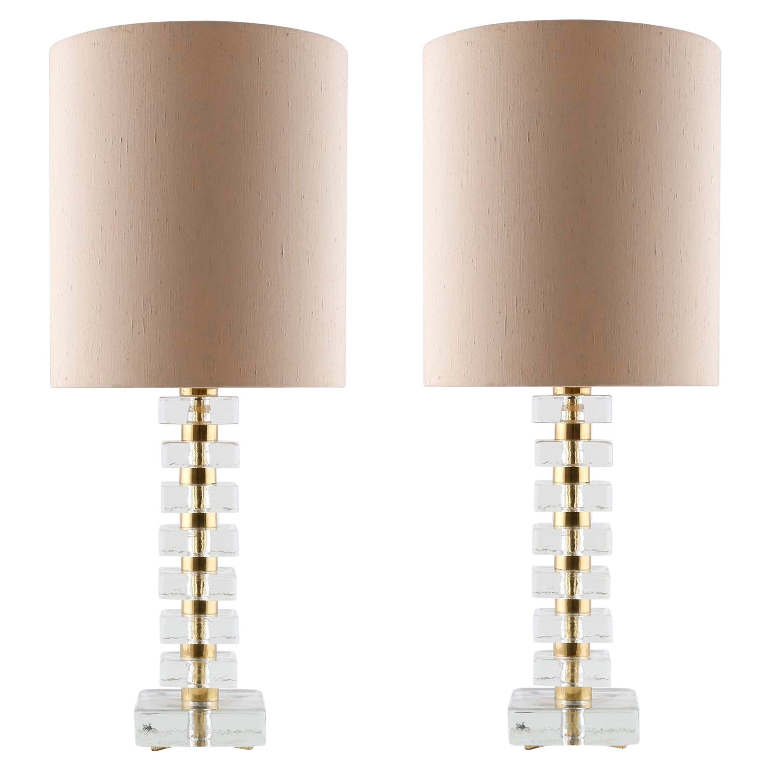 Pair of Large Bakalowits Table Lamps, Brass Ice Glass Blocks, Beige Shade, 1970