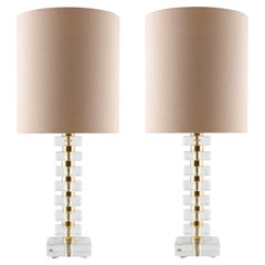 Pair of Large Bakalowits Table Lamps, Brass Ice Glass Blocks, Beige Shade, 1970