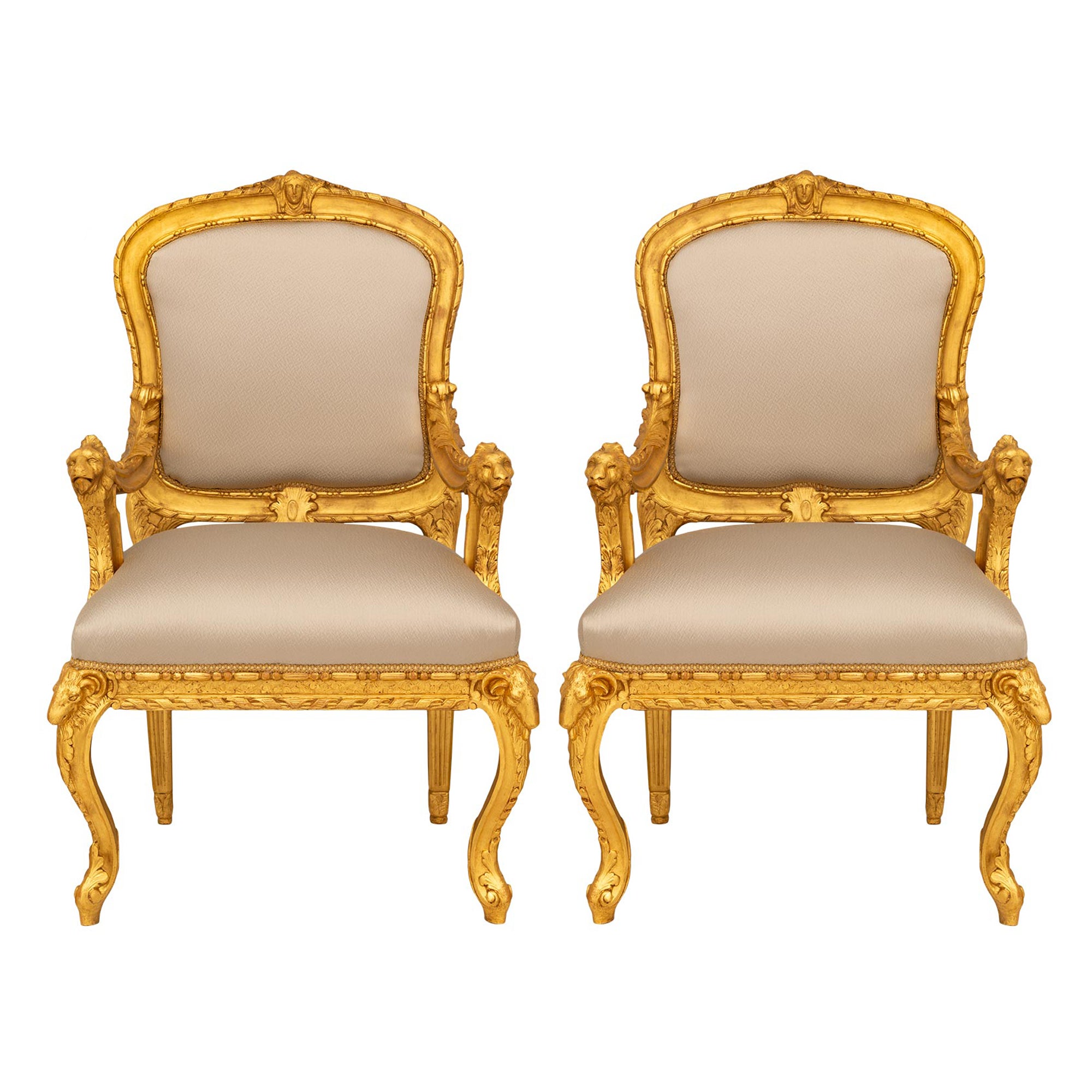 Pair Of Italian Early 18th Century Baroque Period Giltwood Armchairs For Sale