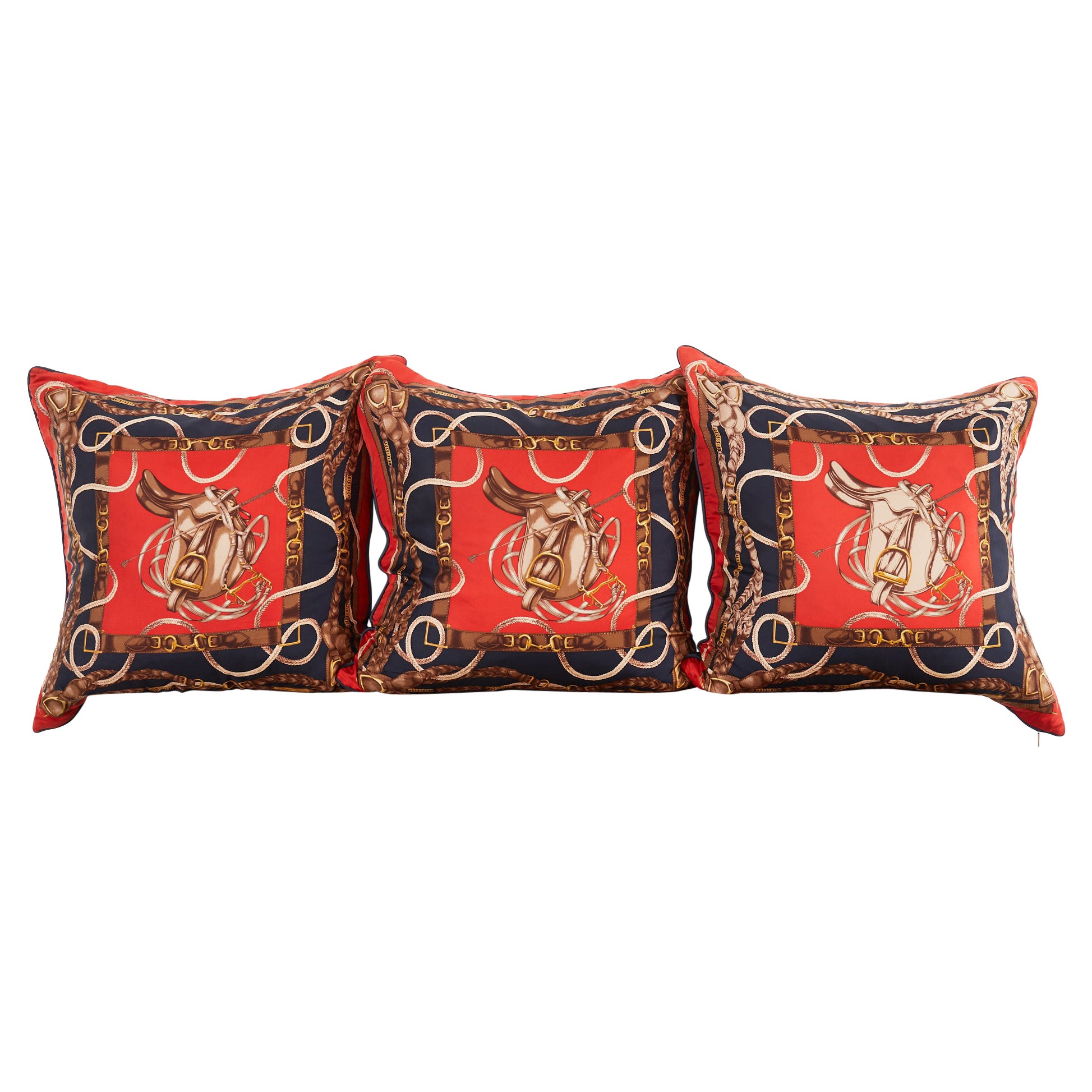 Set of Three Large Ralph Lauren Equestrian Silk Scarf Pillows For Sale