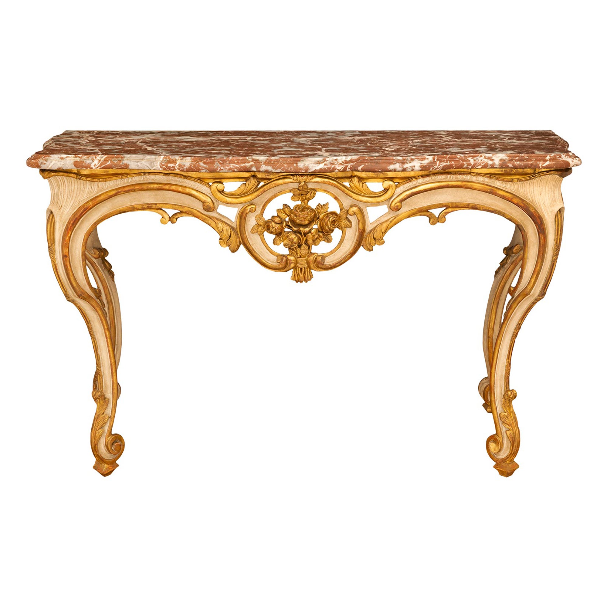 Console d'époque Louis XV du 18ème siècle en bois patiné, bois doré et marbre