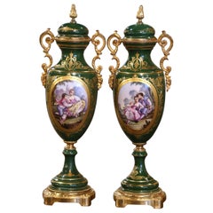 Antique Pair of 19th Century French Sevres Gilt Metal and Painted Porcelain Covered Urns