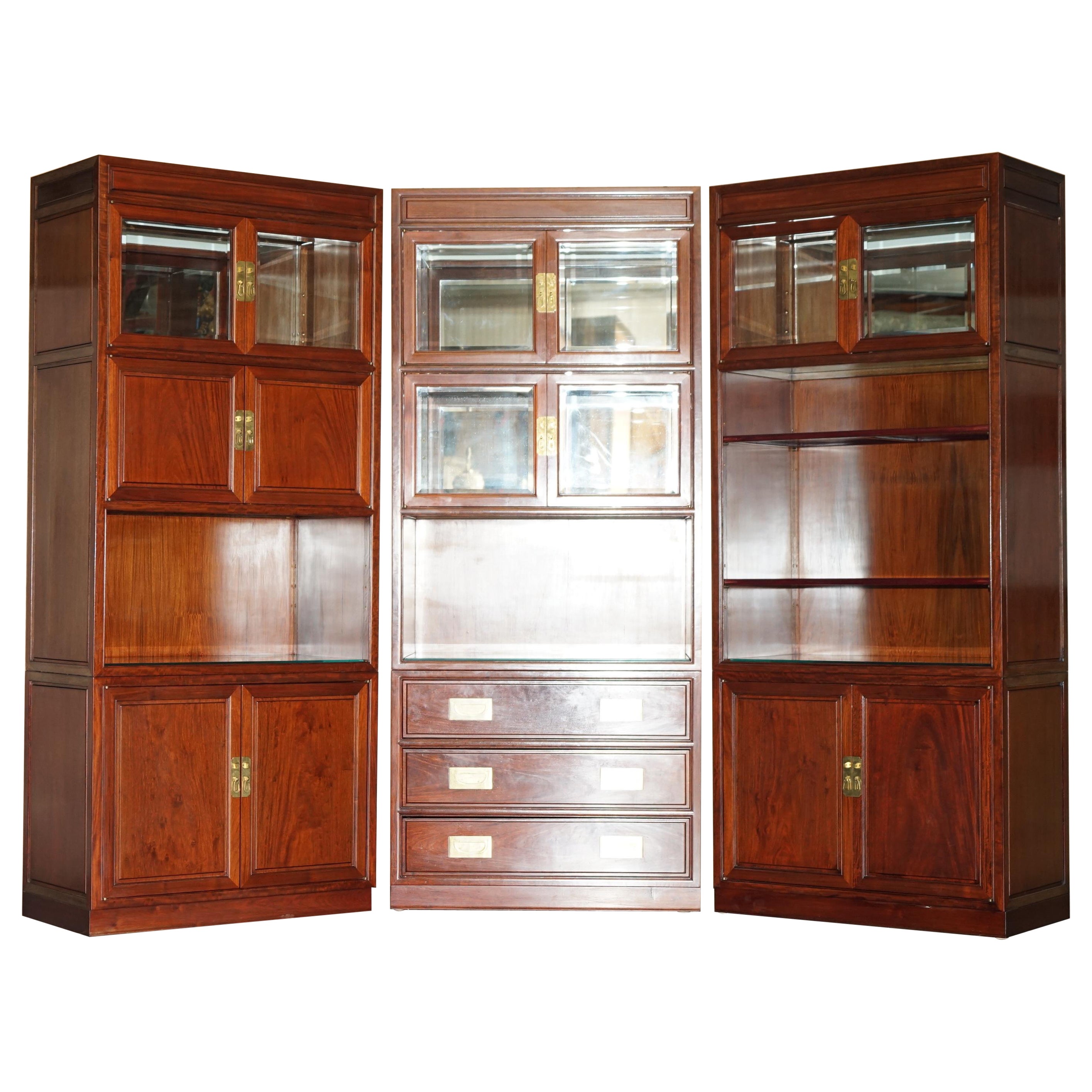 THREE VINTAGE CHINESE HARDWOOD MILITARY CAMPAIGN BOOKCASE DRINKS CABINET DRAWERs For Sale