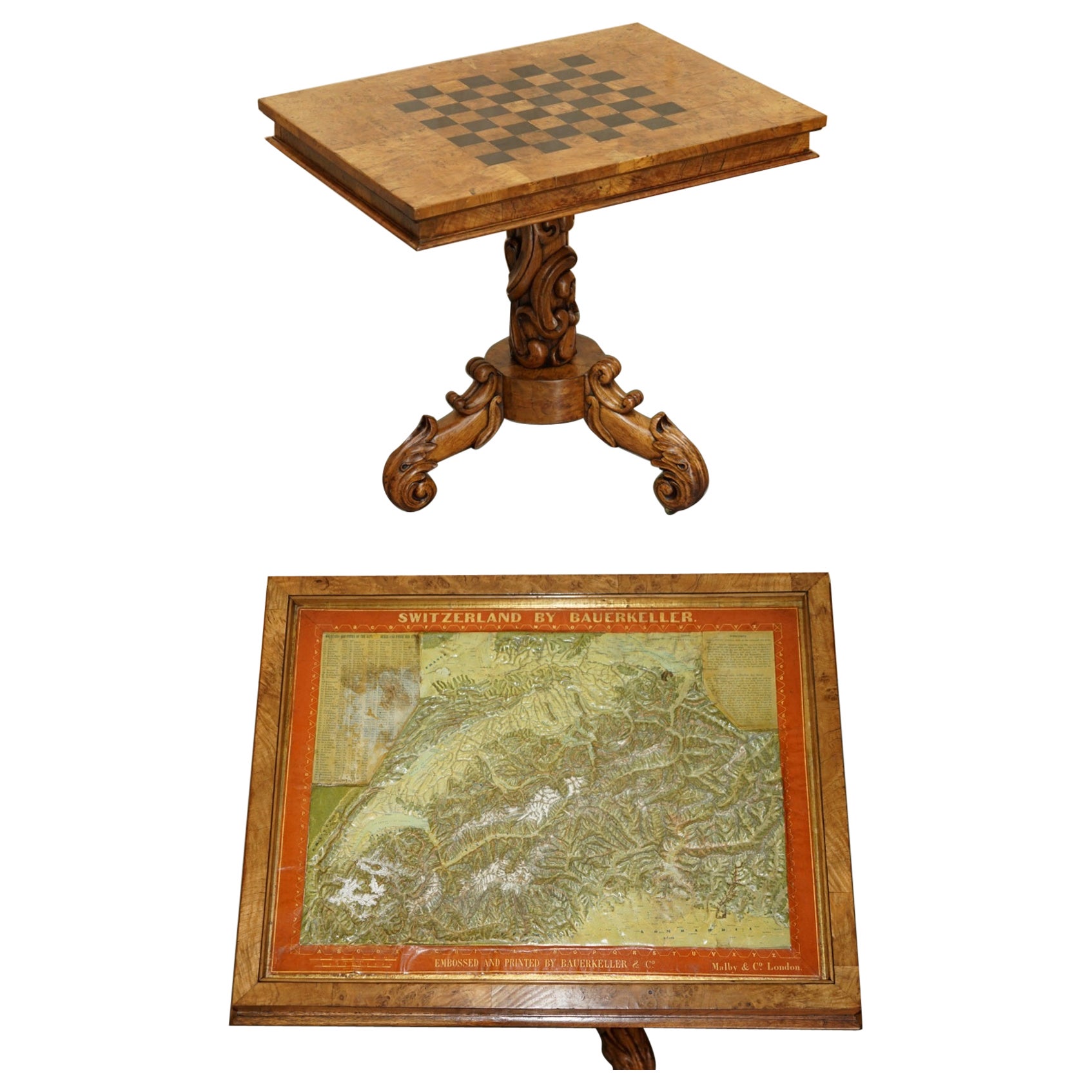 CIRCA 1850 MALBY & CO MAP OF SWiTZERLAND BY BAUERKELLER BURR WALNUT CHESS TABLE For Sale
