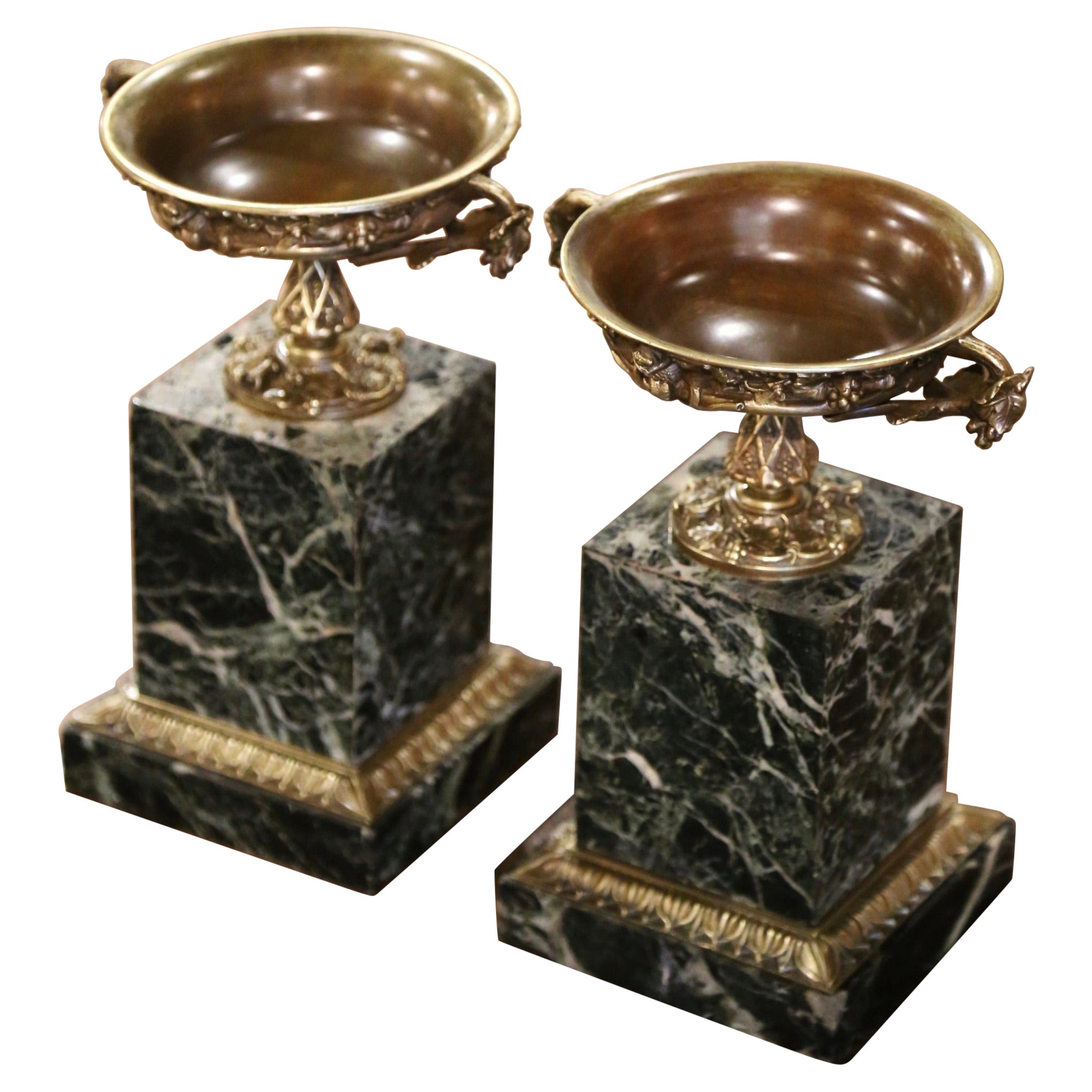 Pair of Late 19th Century French Marble and Bronze Vide-Poches Urns Tazza Dishes For Sale
