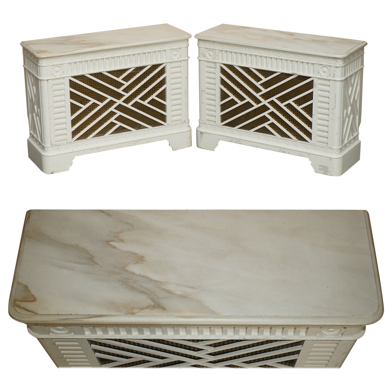 PAIR OF ViNTAGE ITALIAN CARRARA MARBLE TOPPED RADIATOR COVERS REMOVABLE FRONTS For Sale