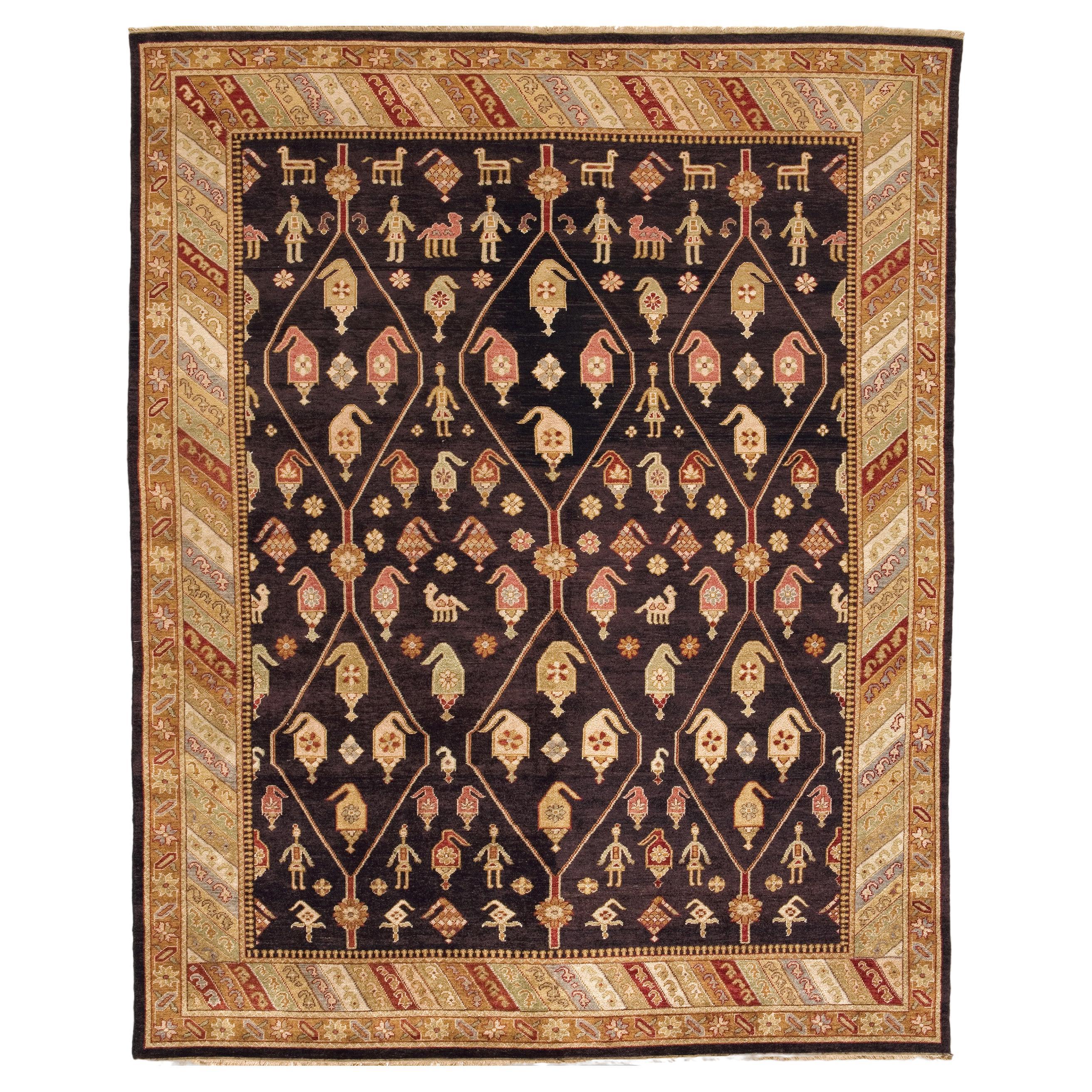 Luxury Traditional Hand-Knotted Kuba Brown/Gold 16x28 Rug