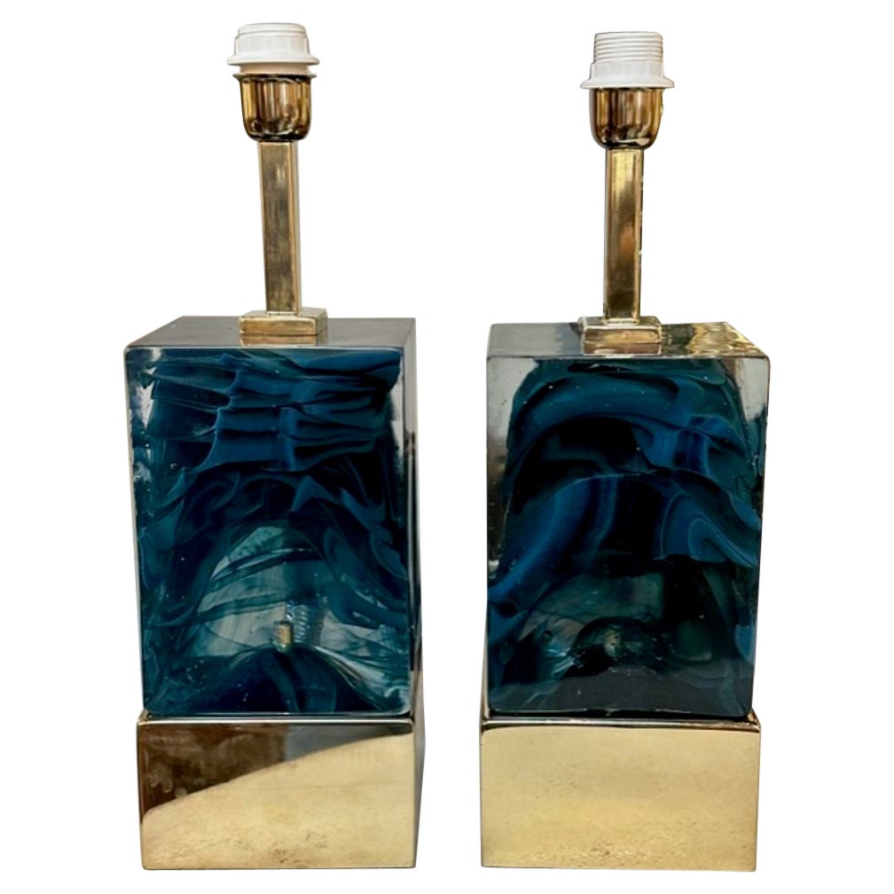 Pair of Modern Blue Murano Glass and Brass Lamps For Sale