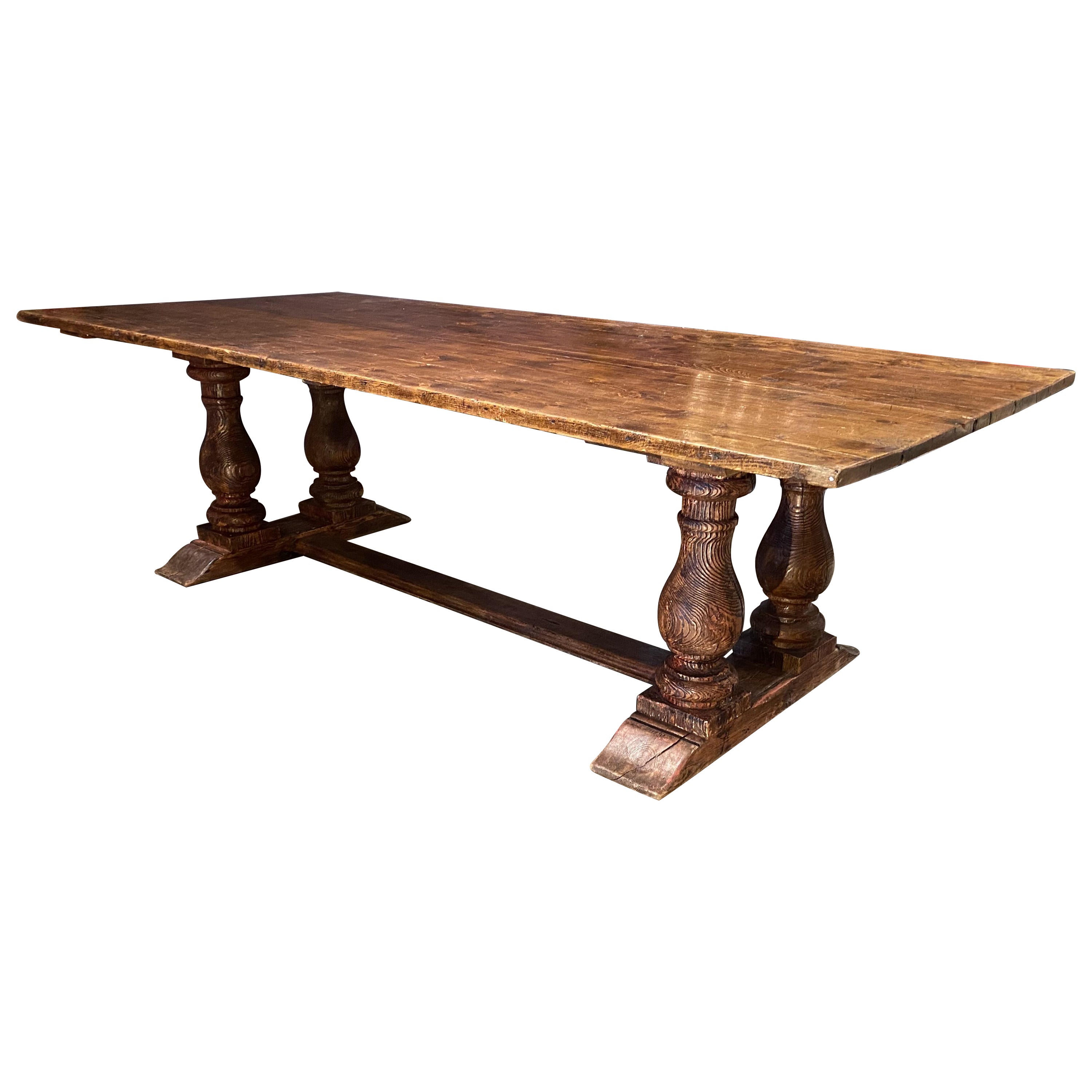 Continental Baroque Style Pine Refectory Table with Balustrade Supports For Sale