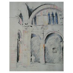 Vintage Italian Architectural Mixed Media Drawing on Paper - Signed - Unframed - C. 1984