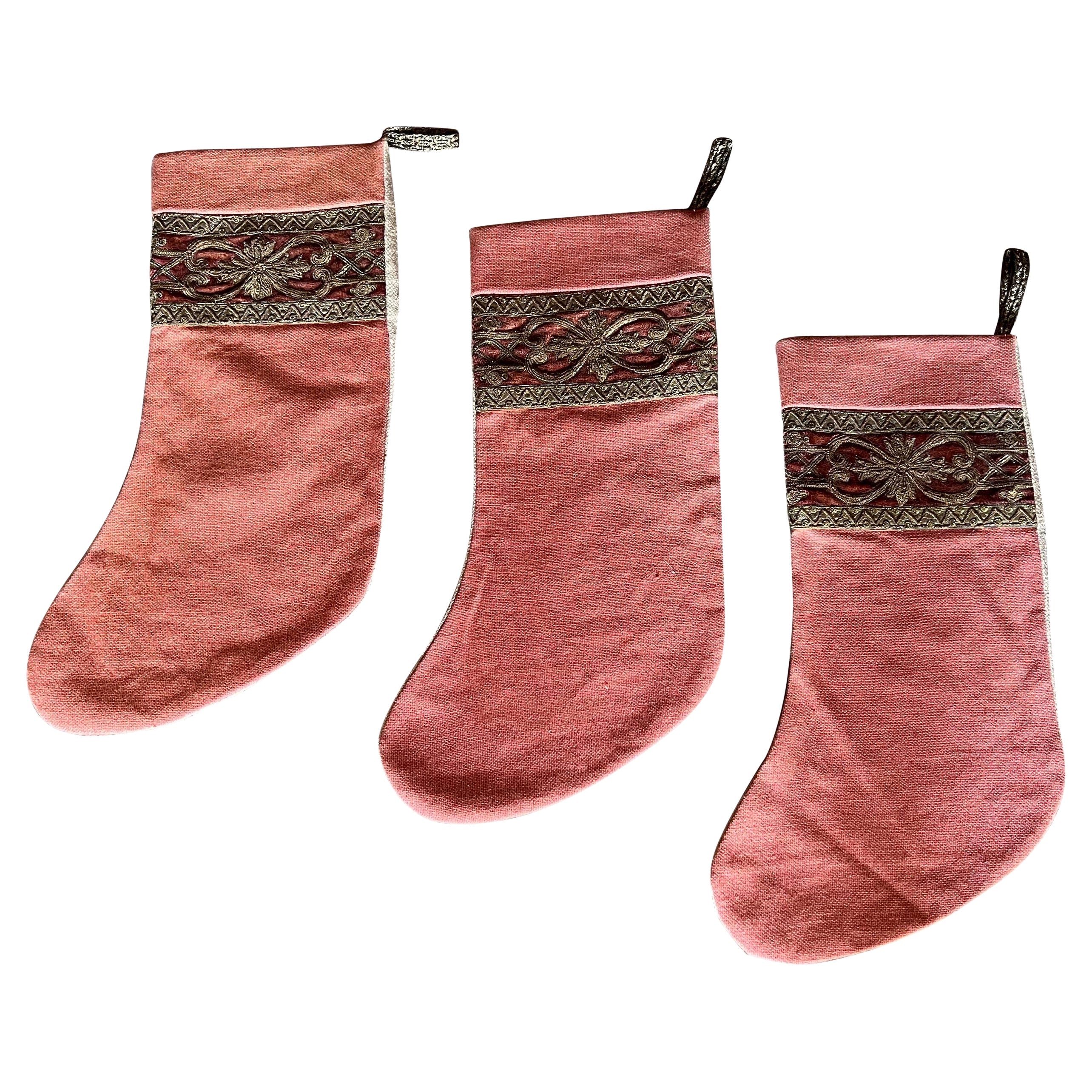 Set of Three Custom Christmas Stockings w/ Antique Metallic Trims