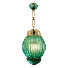 Archimede Seguso Murano Glas grün "costolato oro" Kronleuchter um 1950.