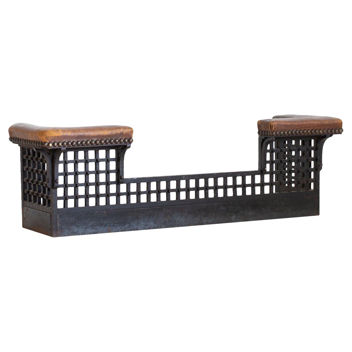 A Heavy Black Wrought Iron Blacksmith made Fireplace Club Fender Brutalist Form For Sale