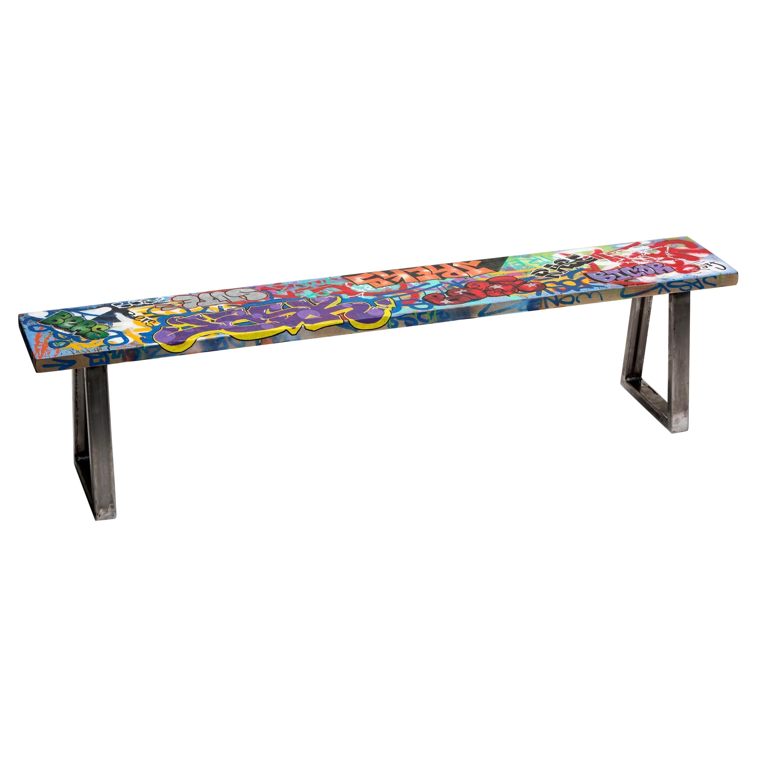 Large Colorful Graffiti Tagged Wood Bench For Sale