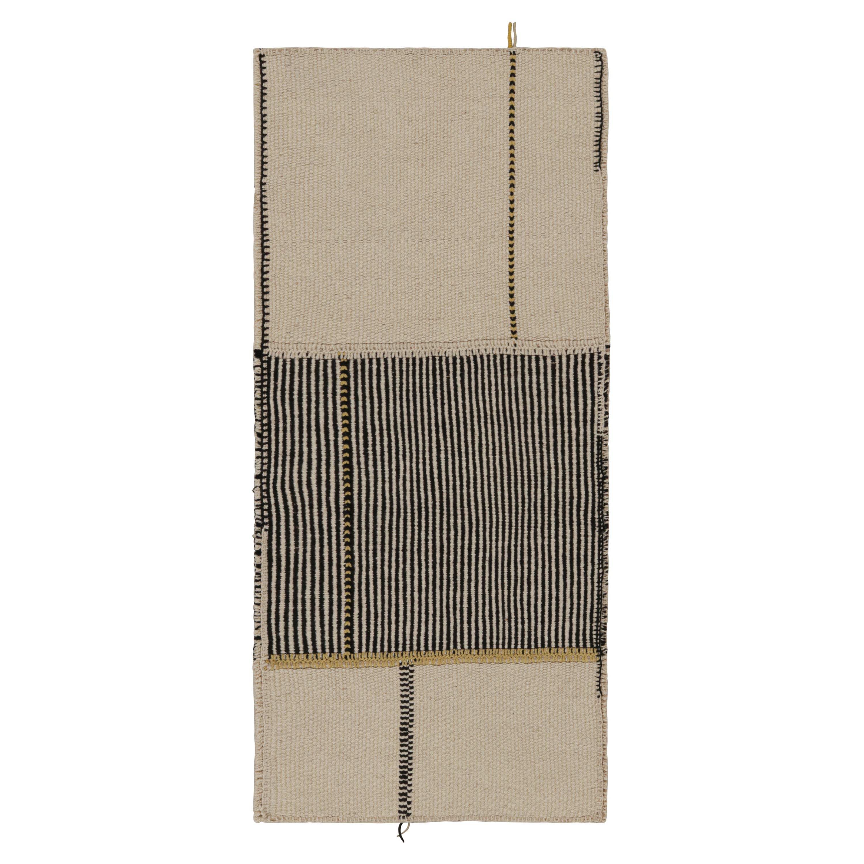 Rug & Kilim’s Contemporary Runner Kilim, In Black And Beige Tones and Stripes For Sale