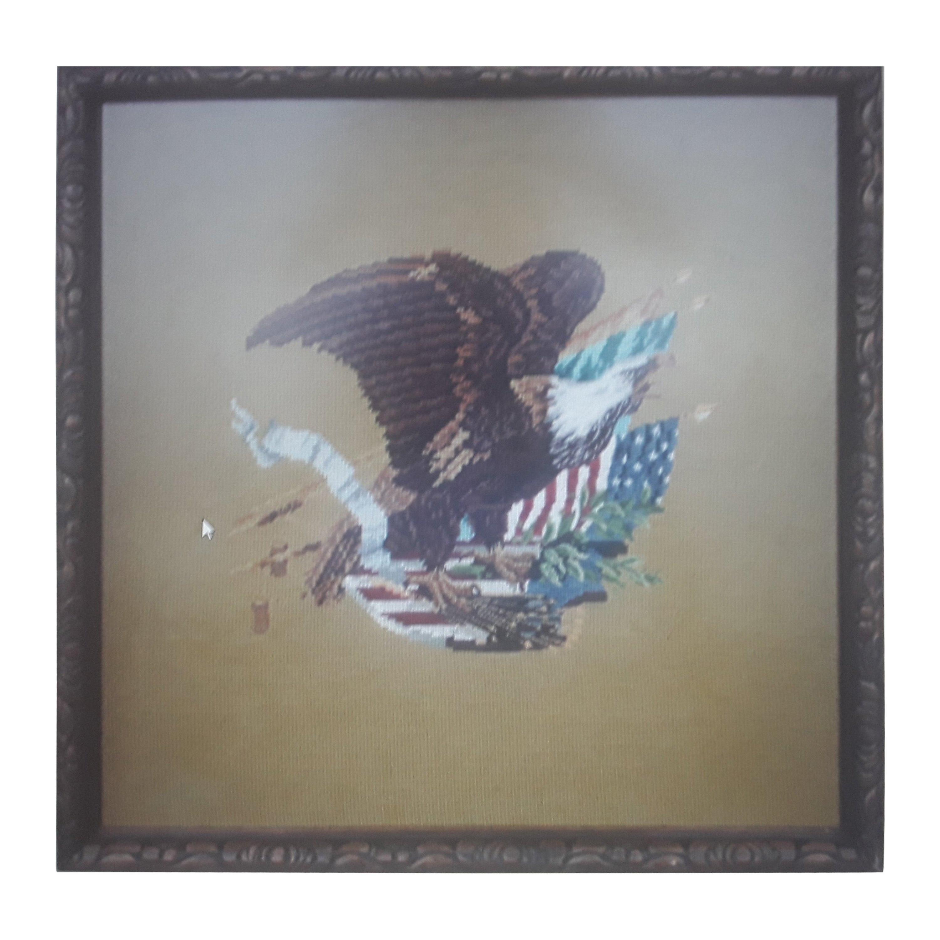 1940's Vintage Hand Stitched and Framed Needlepoint Eagle Scene U.S.A. Patriotic For Sale