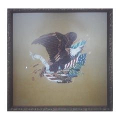 1940's Vintage Hand Stitched and Framed Needlepoint Eagle Scene U.S.A. Patriotic