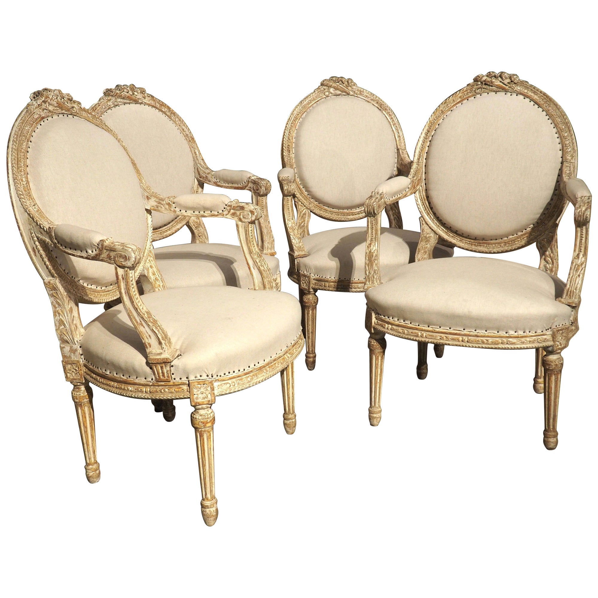 Set of 4 French Parcel Paint Louis XVI Style Cabriolet Armchairs, Circa 1885