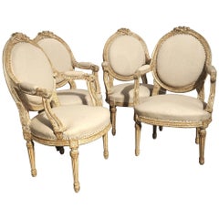 Antique Set of 4 French Parcel Paint Louis XVI Style Cabriolet Armchairs, Circa 1885