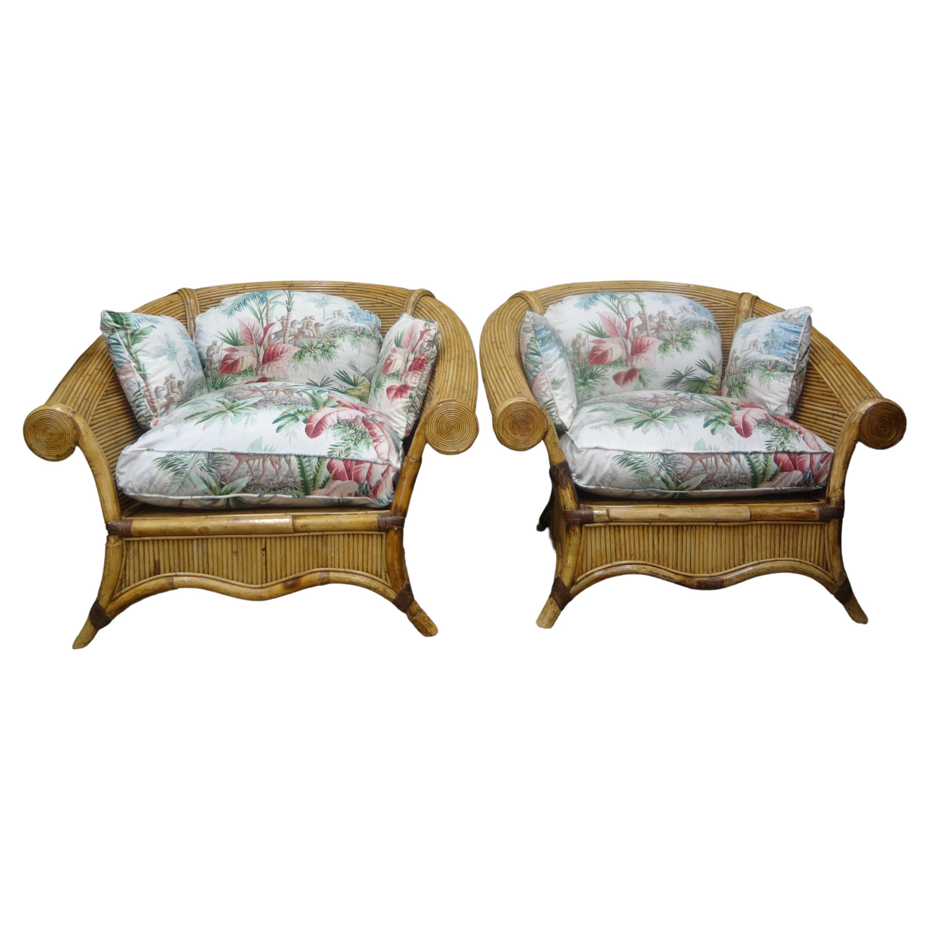 Pair Of Italian Vivai Del Sud Pencil Reed Lounge Chairs For Sale
