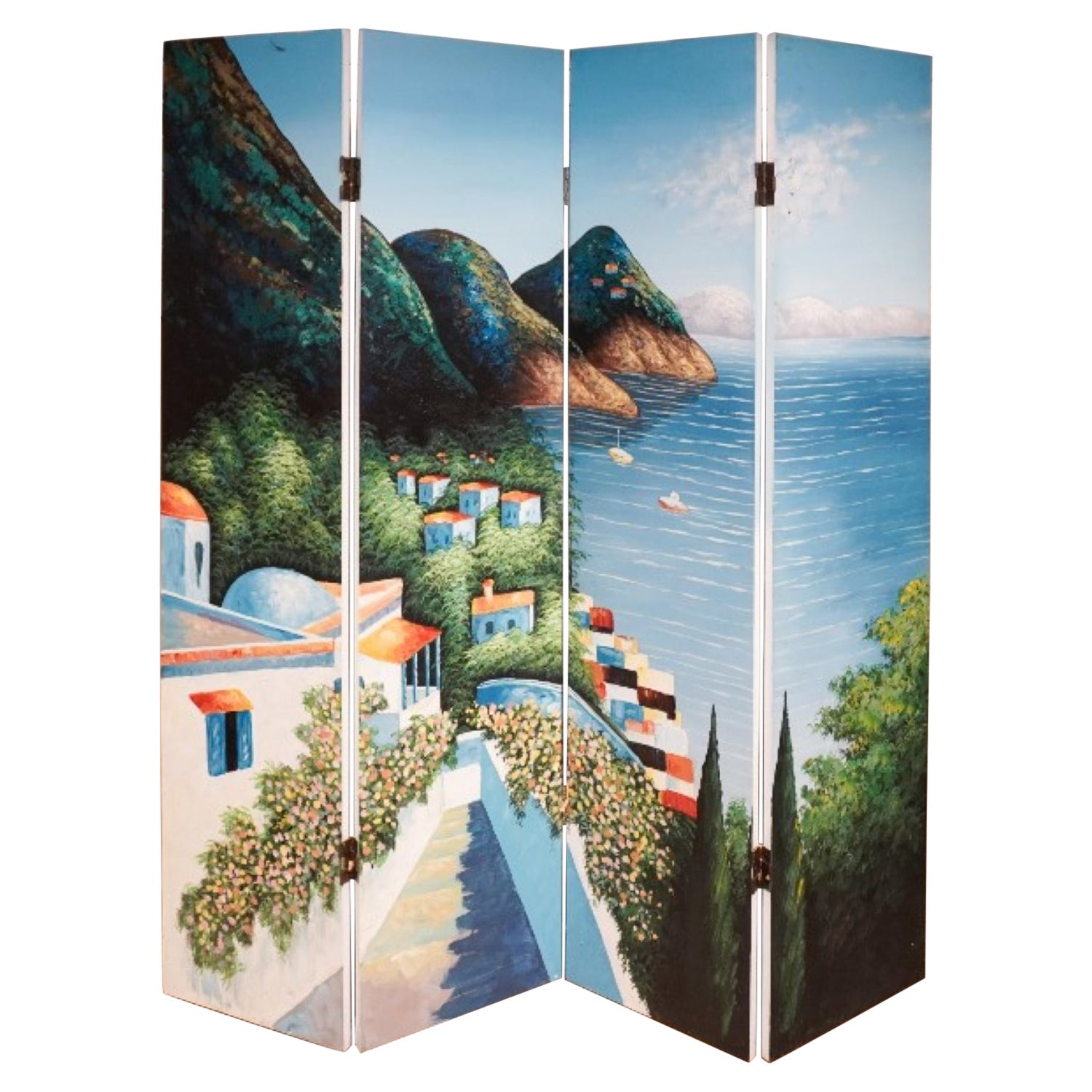 20th Century Continental Hand-Painted Oil on Board Four-Fold Floor Screen For Sale