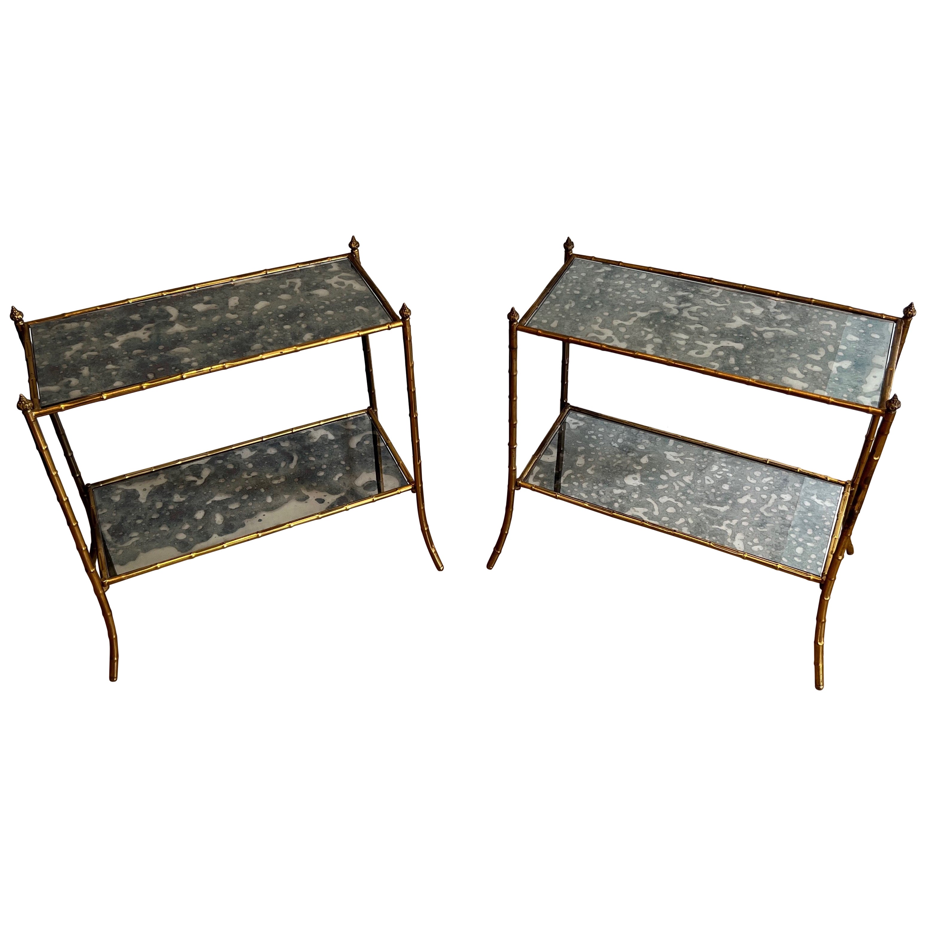 Pair of Faux-Bamboo Side Tables with Oxydized Mirrors in the Style of Baguès For Sale