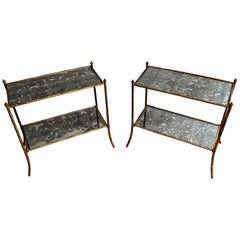 Vintage Pair of Faux-Bamboo Side Tables with Oxydized Mirrors in the Style of Baguès