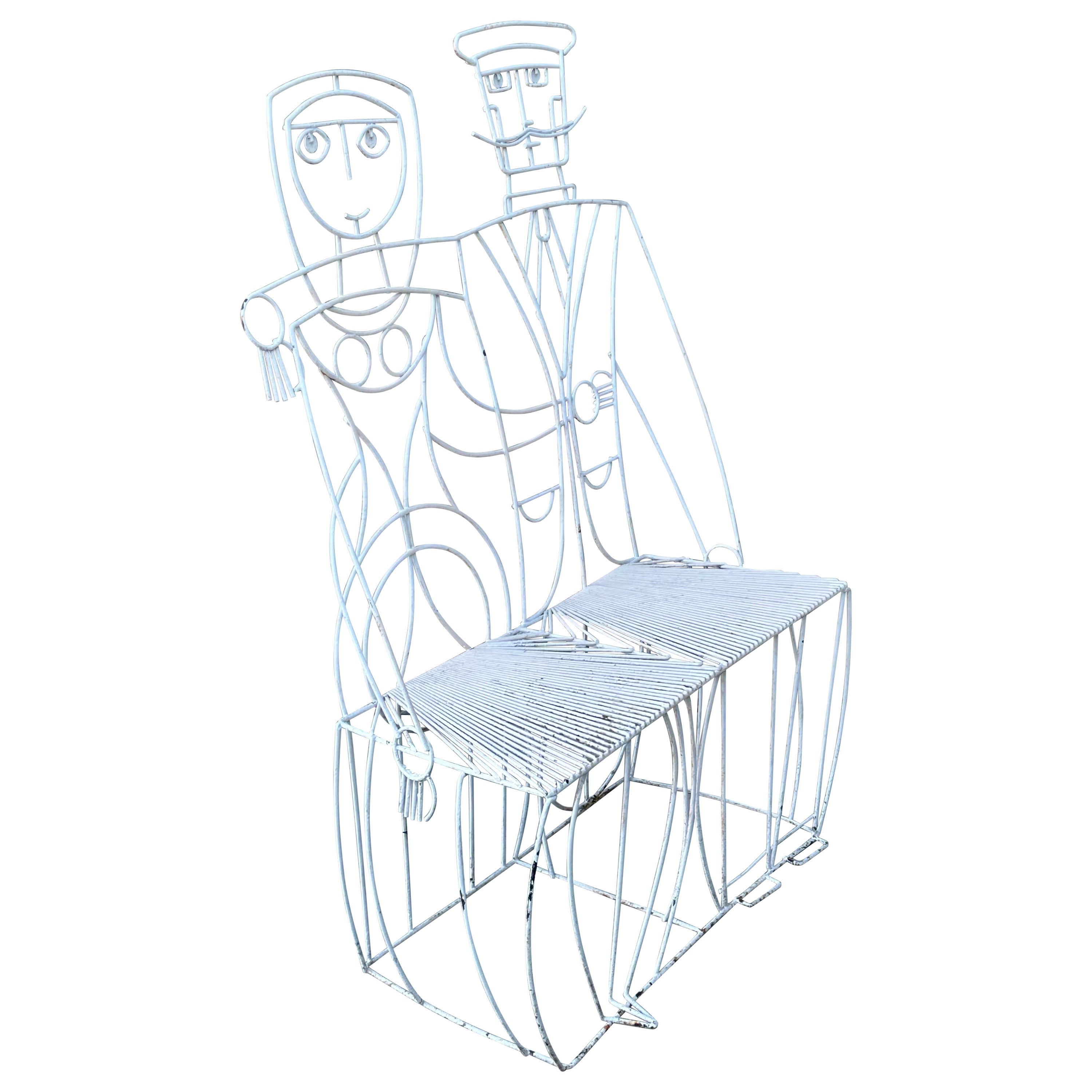 Whimsical Vintage Man & Woman Metal Wire Bench by John Risley For Sale