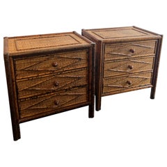 British Colonial Style Burnt Bamboo and Cane Nighstands-A Pair