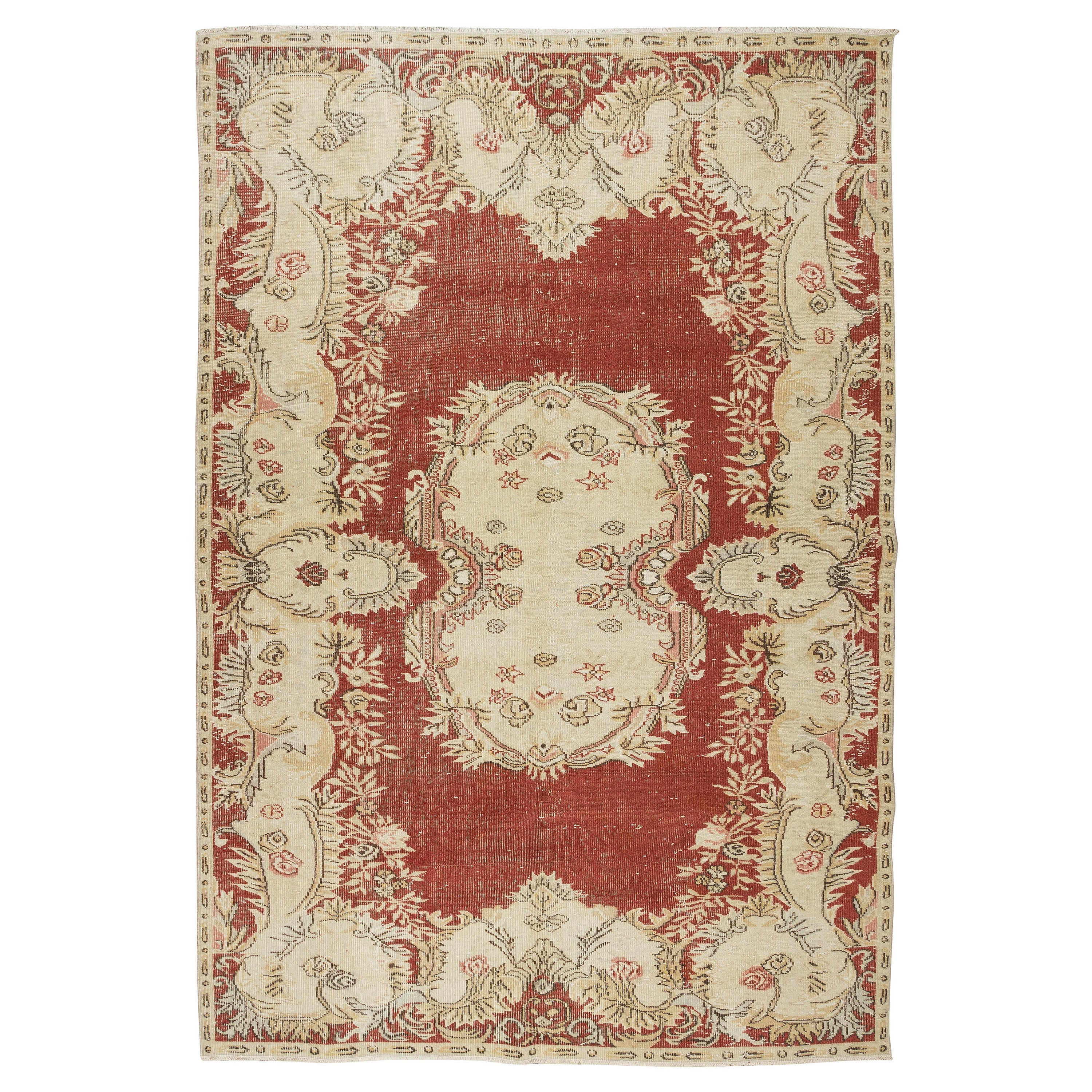6.3x10 ft One-of-a-kind Vintage Handmade Anatolian Area Rug in Red & Beige For Sale