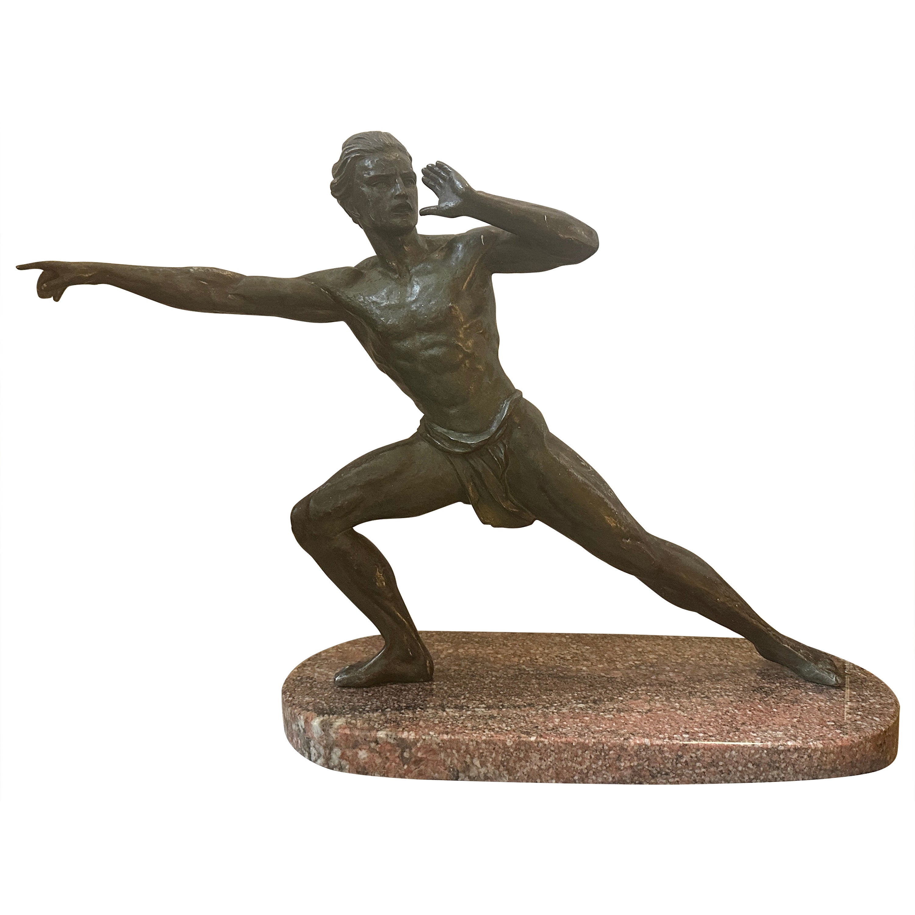 1930s Art Deco Antimony and Marble Sculpture of an Athlete by Jean De Roncourt For Sale