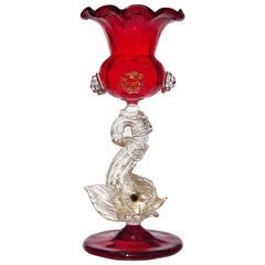 Antique Venetian Murano Red Gold Flecks Fish Stem Italian Art Glass Vase