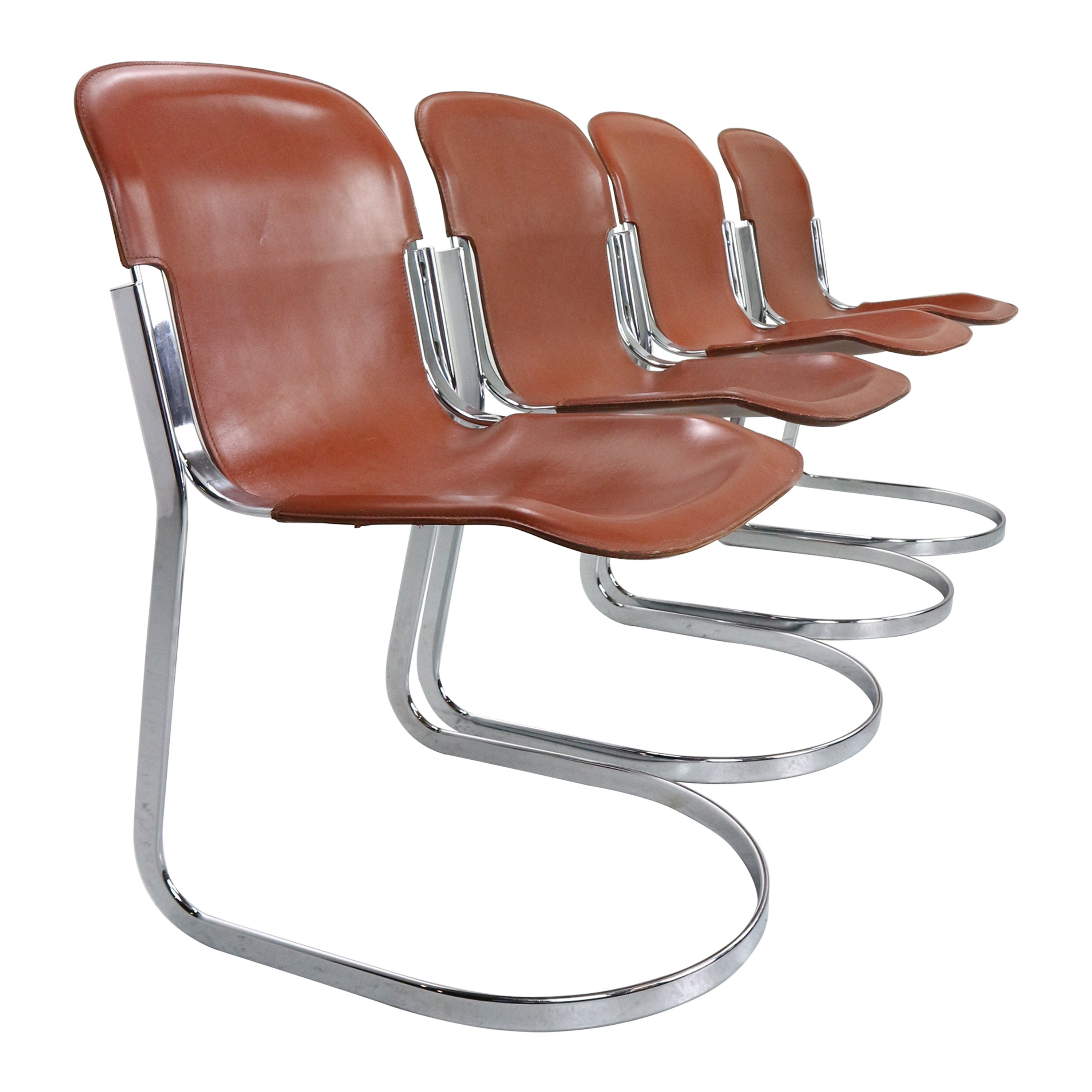 Set of 4 Willy Rizzo chairs in Chrome and Leather for Cidue, Italy, 1970s