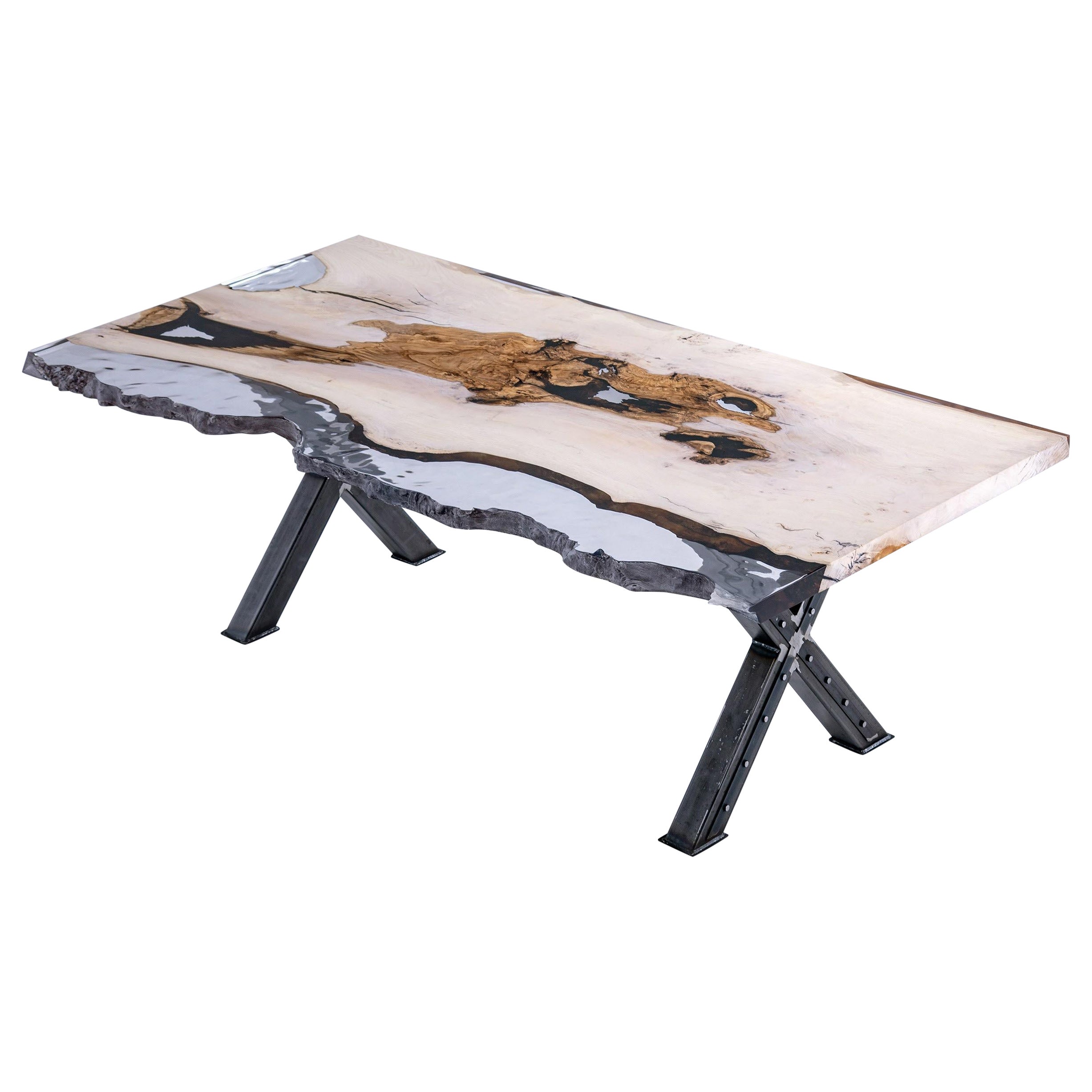 Live Edge Clear Resin Ash Wood Dining Table For Sale