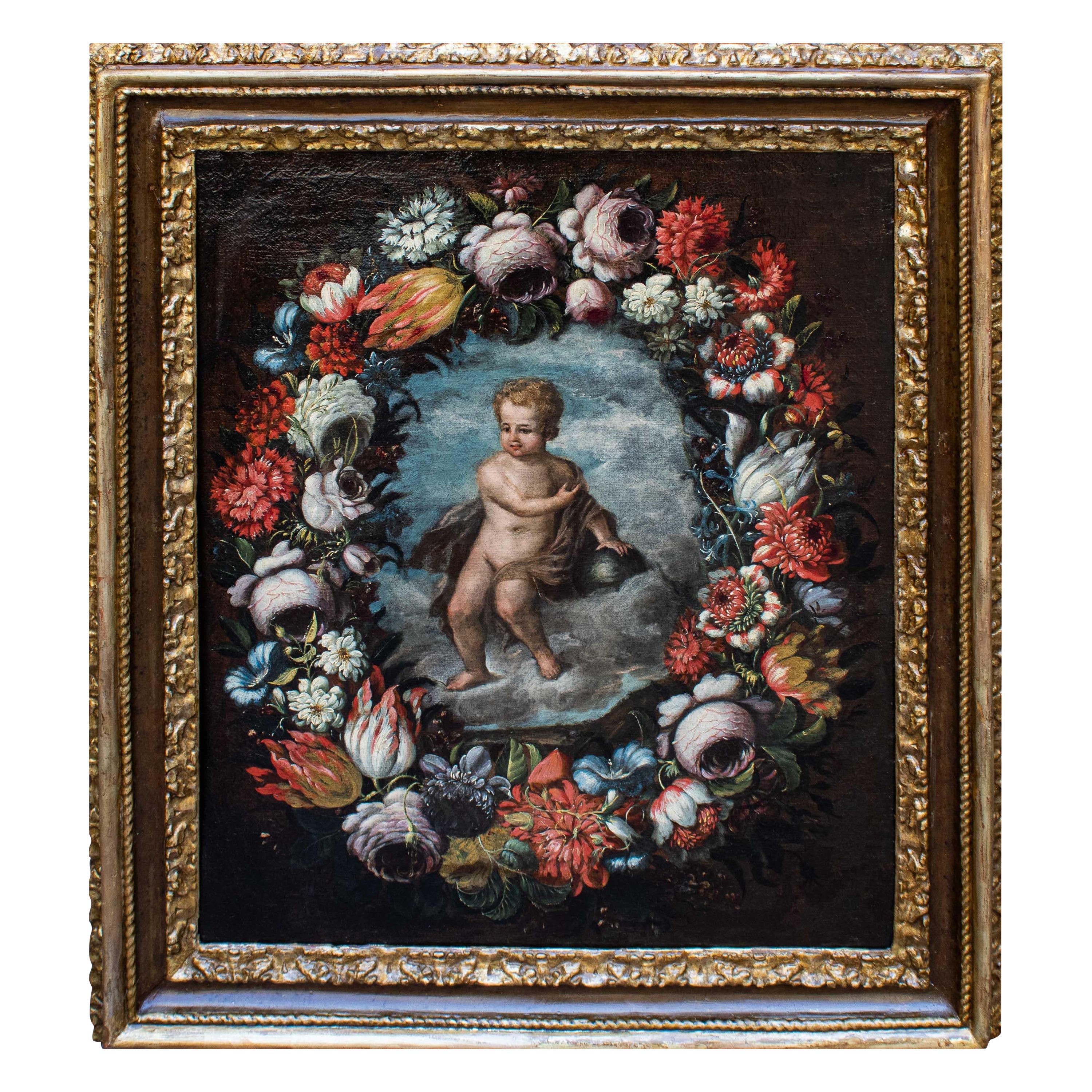 Oil on canvas Jesus child within garland of flowers 18th century For Sale