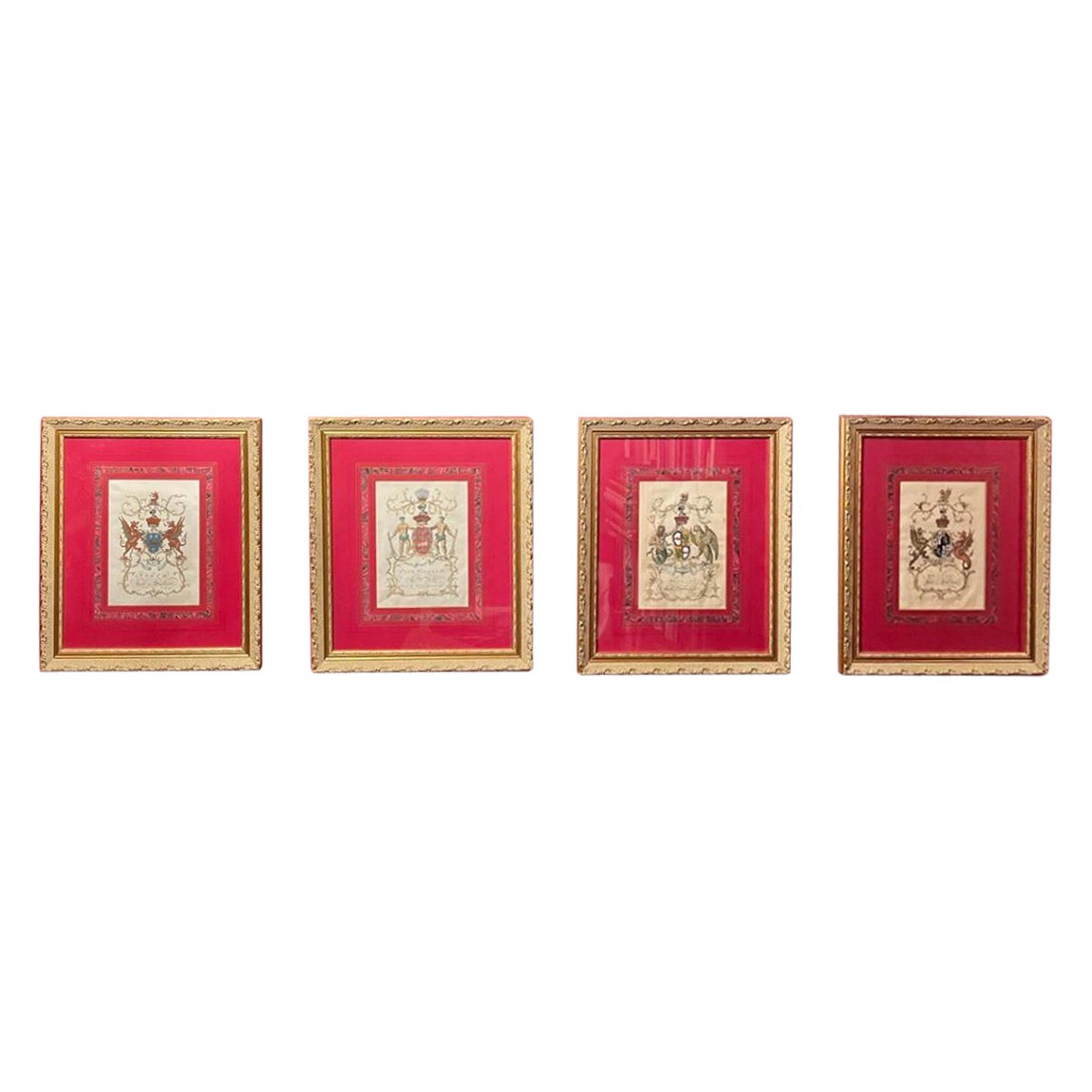 Set von vier englischen handkolorierten Wappengravuren mit Wappengravuren