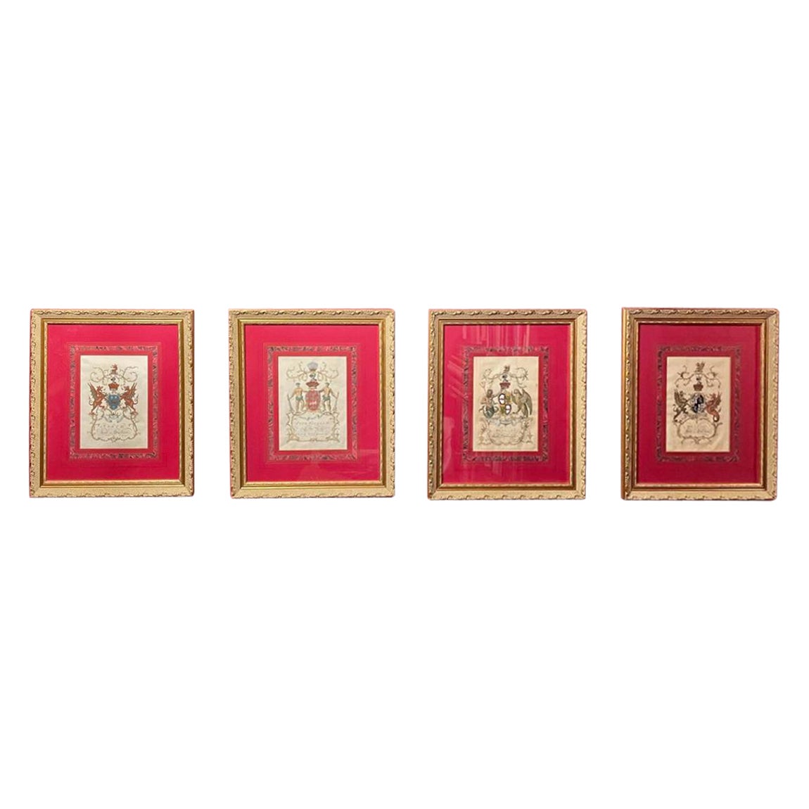 English Hand-Colored Armorial Engravings Set of Four